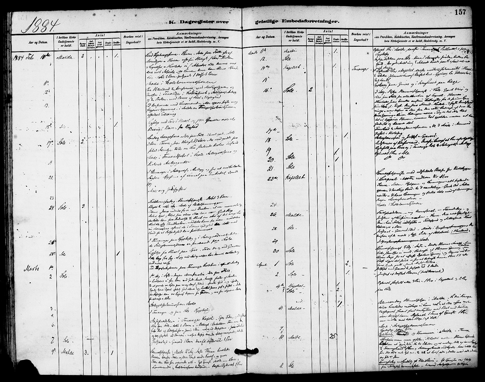 Håland sokneprestkontor, AV/SAST-A-101802/001/30BA/L0010: Parish register (official) no. A 9, 1883-1888, p. 157