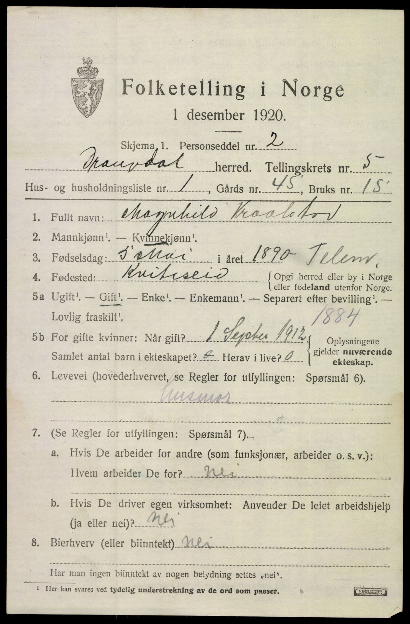 SAKO, 1920 census for Drangedal, 1920, p. 3691