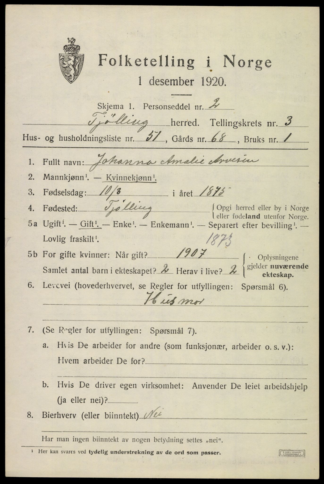 SAKO, 1920 census for Tjølling, 1920, p. 7485