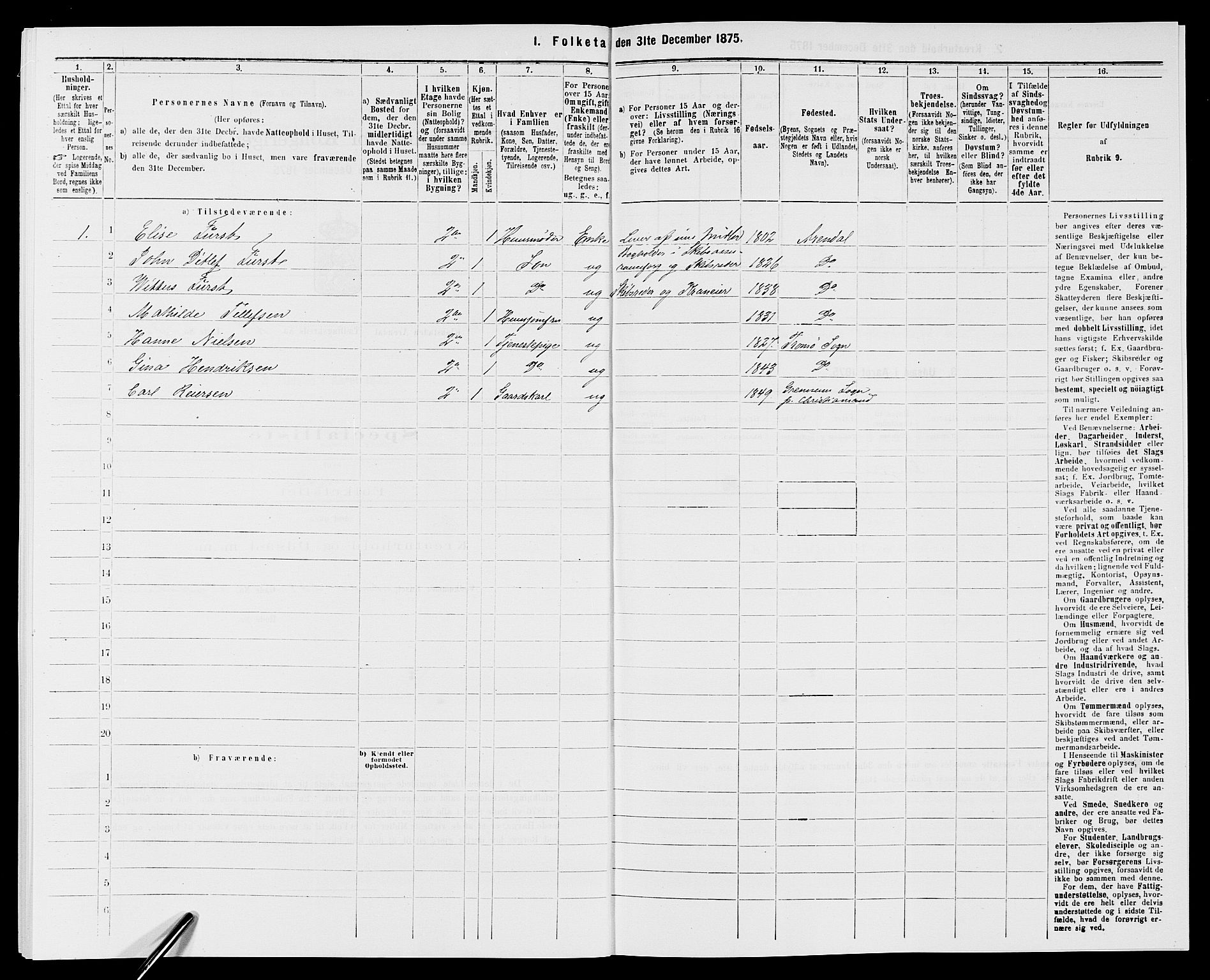 SAK, 1875 census for 0903P Arendal, 1875, p. 755