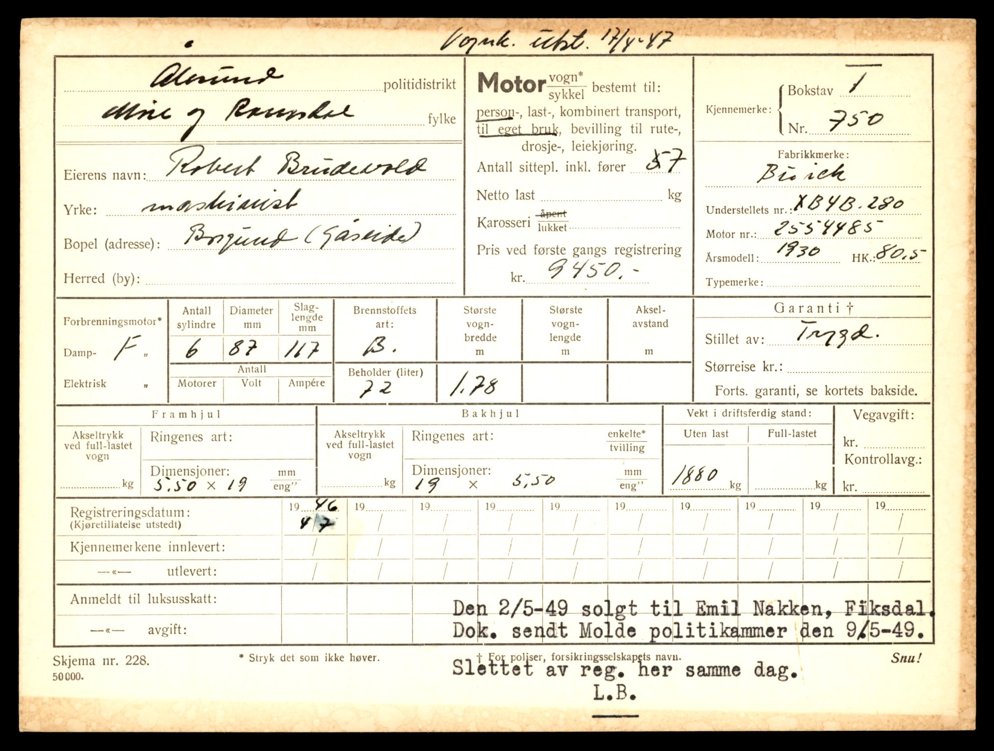 Møre og Romsdal vegkontor - Ålesund trafikkstasjon, AV/SAT-A-4099/F/Fe/L0008: Registreringskort for kjøretøy T 747 - T 894, 1927-1998, p. 169