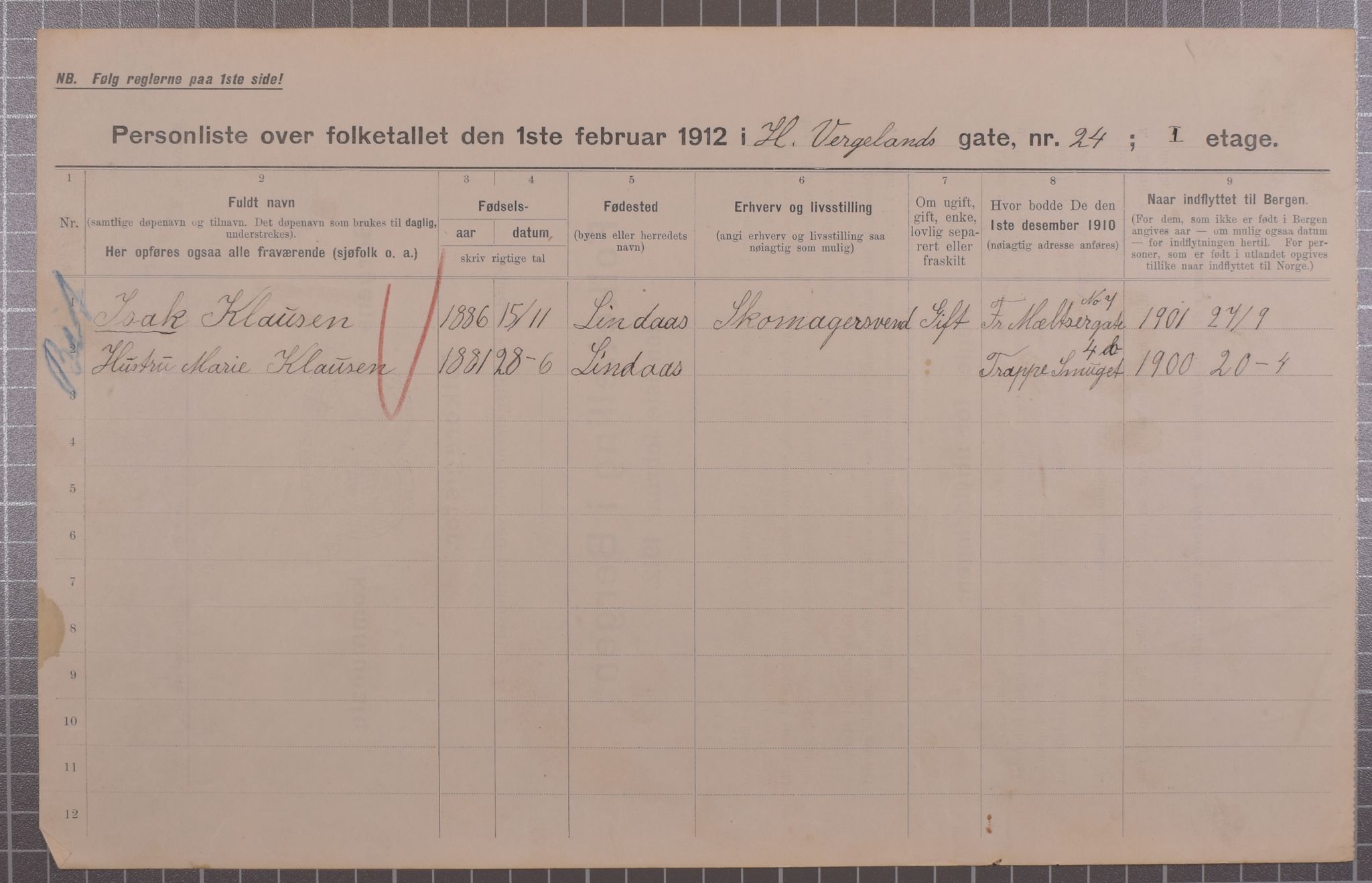 SAB, Municipal Census 1912 for Bergen, 1912, p. 2887