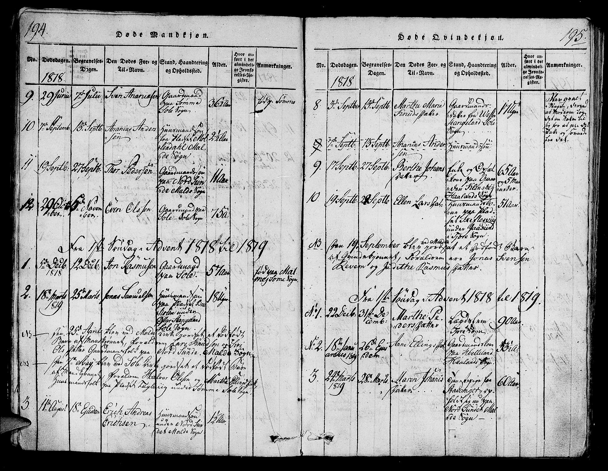 Håland sokneprestkontor, AV/SAST-A-101802/001/30BA/L0004: Parish register (official) no. A 4, 1815-1829, p. 194-195