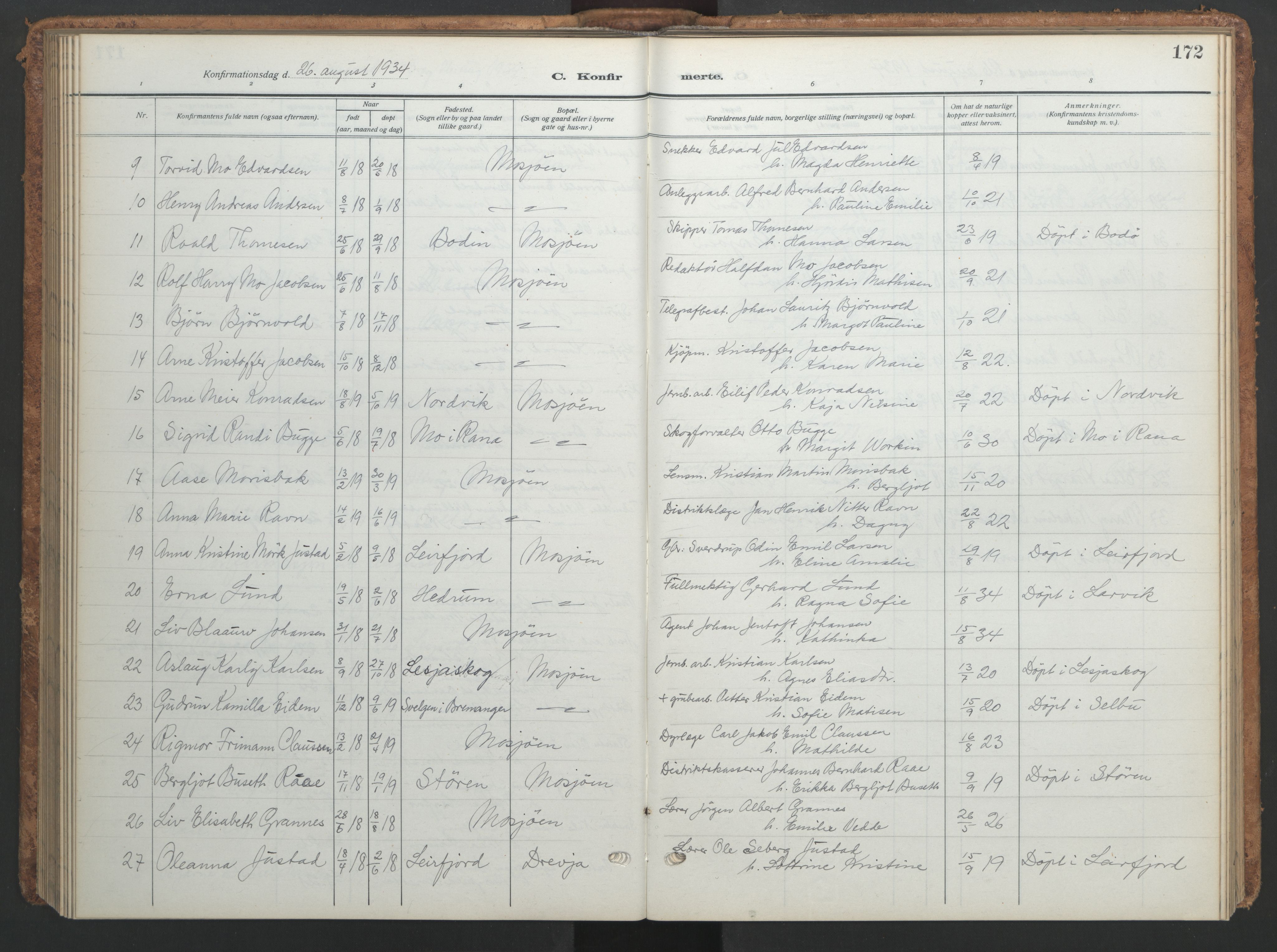 Ministerialprotokoller, klokkerbøker og fødselsregistre - Nordland, SAT/A-1459/820/L0303: Parish register (copy) no. 820C05, 1917-1952, p. 172