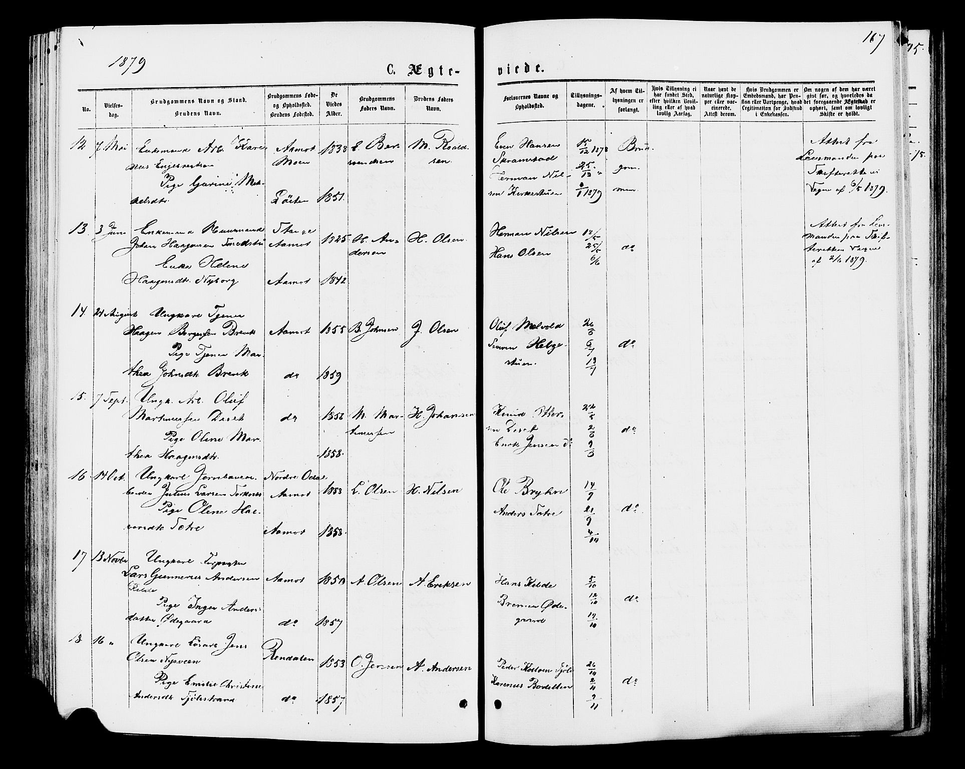 Åmot prestekontor, Hedmark, AV/SAH-PREST-056/H/Ha/Haa/L0009: Parish register (official) no. 9, 1875-1883, p. 167