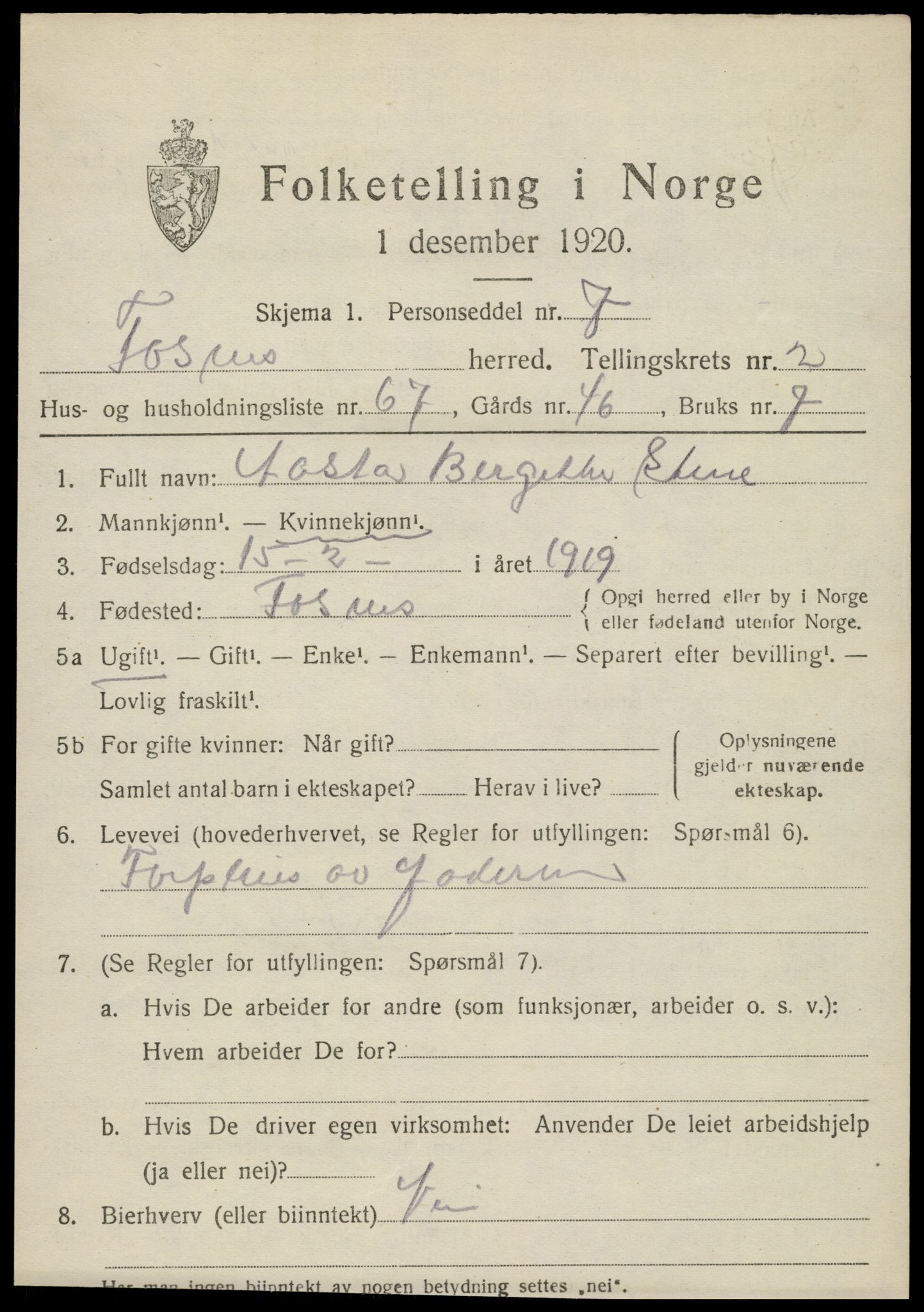 SAT, 1920 census for Fosnes, 1920, p. 1477