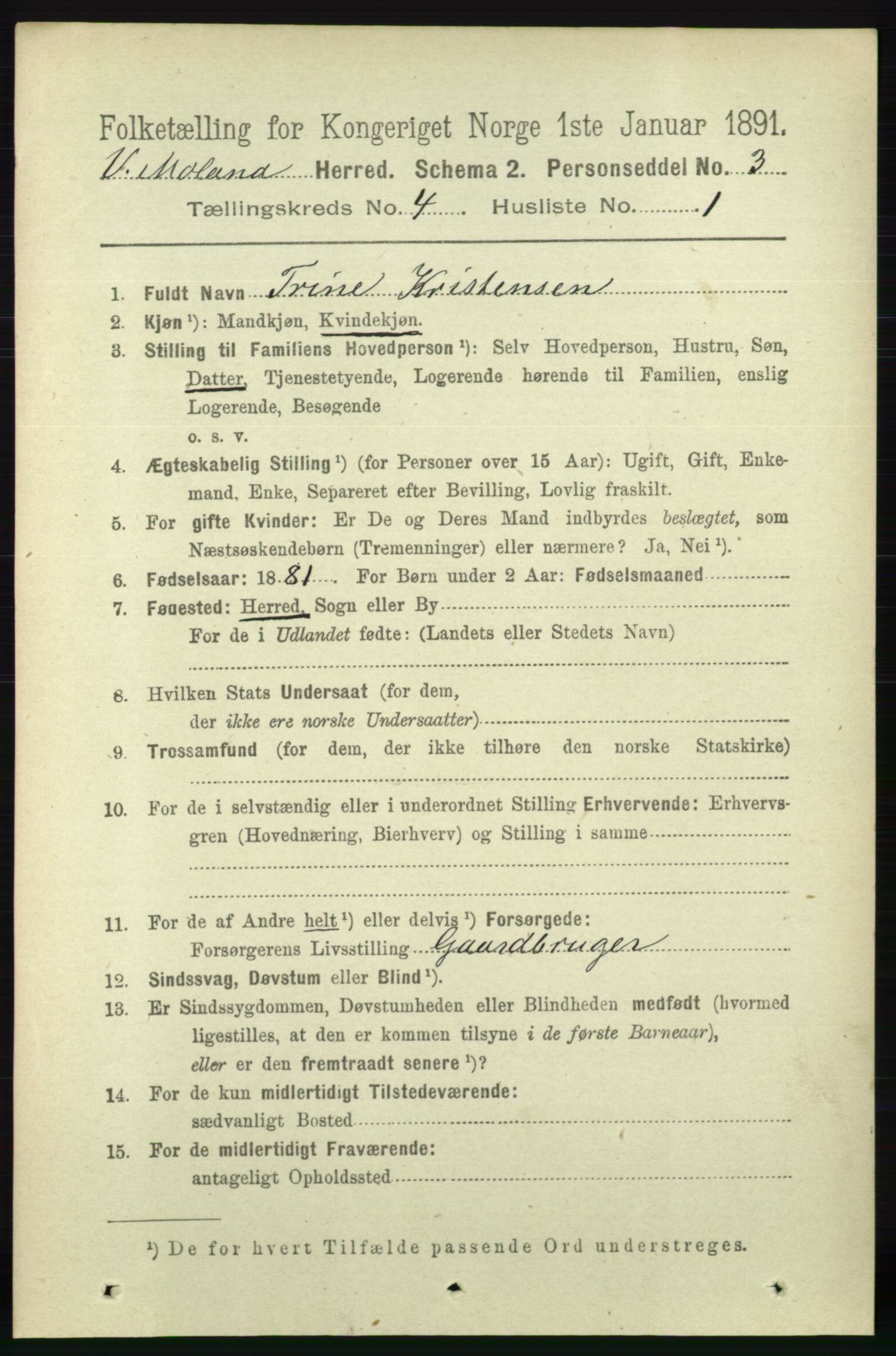 RA, 1891 census for 0926 Vestre Moland, 1891, p. 1226