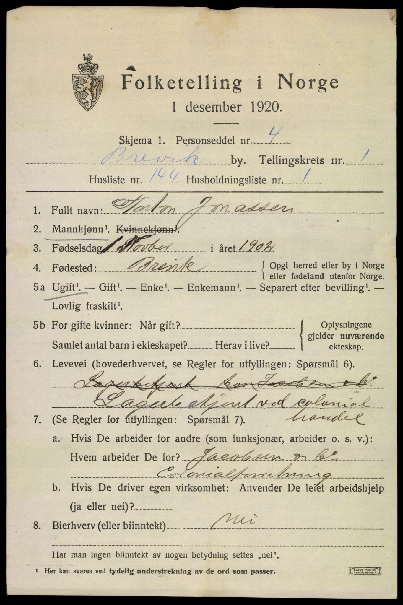 SAKO, 1920 census for Brevik, 1920, p. 3862