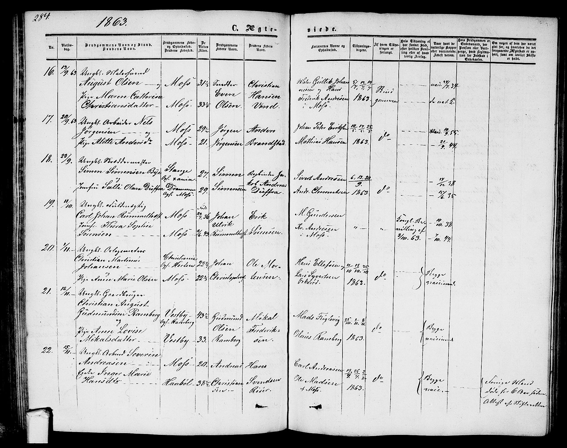 Moss prestekontor Kirkebøker, AV/SAO-A-2003/G/Ga/L0002: Parish register (copy) no. I 2, 1852-1871, p. 284