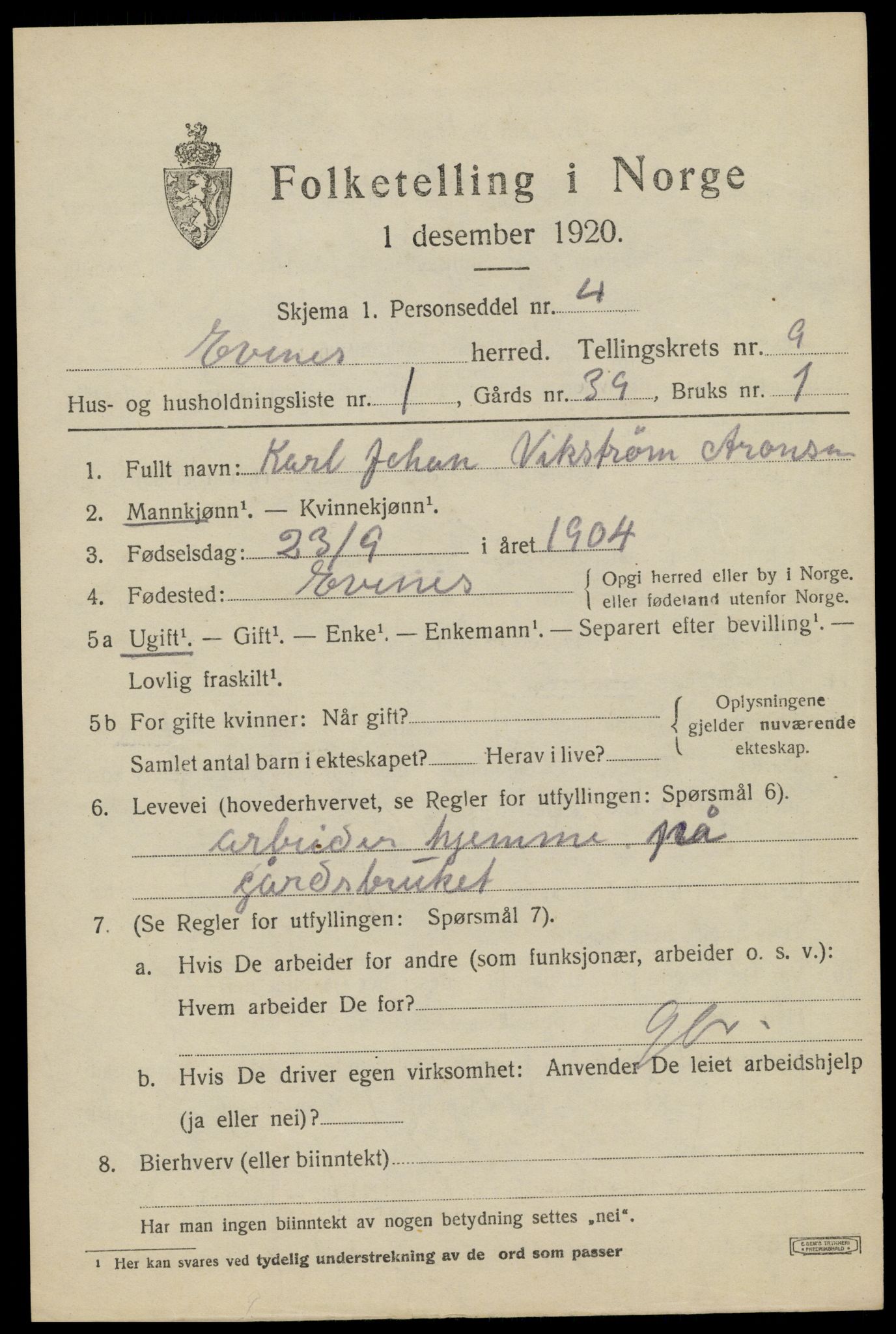 SAT, 1920 census for Evenes, 1920, p. 7044