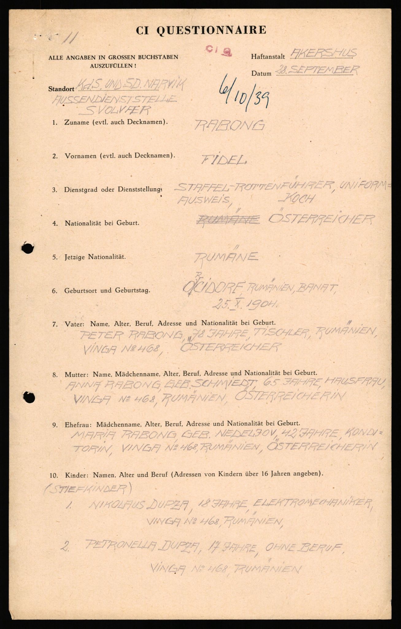 Forsvaret, Forsvarets overkommando II, AV/RA-RAFA-3915/D/Db/L0041: CI Questionaires.  Diverse nasjonaliteter., 1945-1946, p. 141