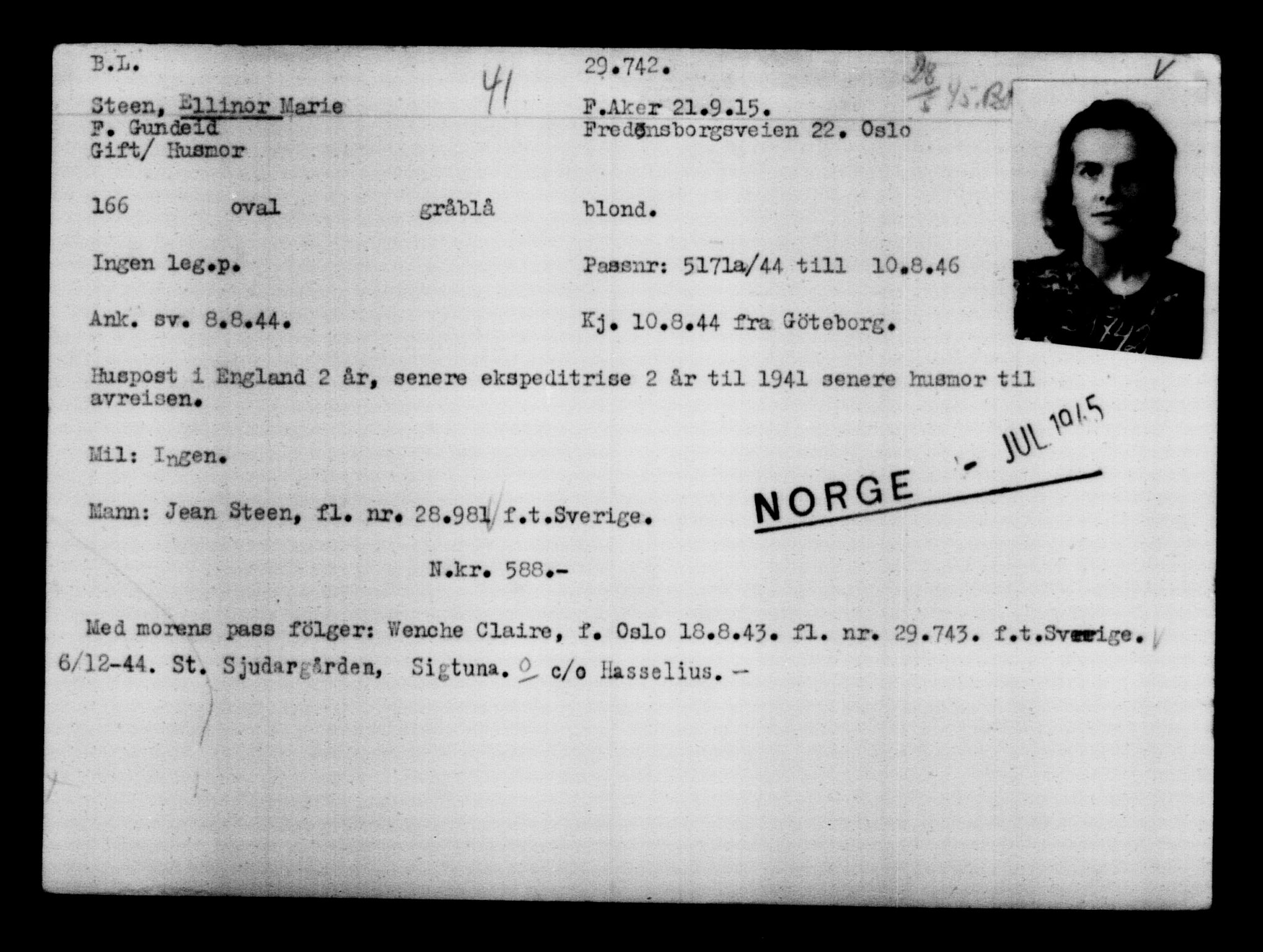 Utenriksstasjonene, Legasjonen i Stockholm, Flyktningkontoret, AV/RA-S-6753/V/Va/L0012: Kjesäterkartoteket, flyktninger med registreringsnr. 28300-31566, 1940-1945, p. 1584