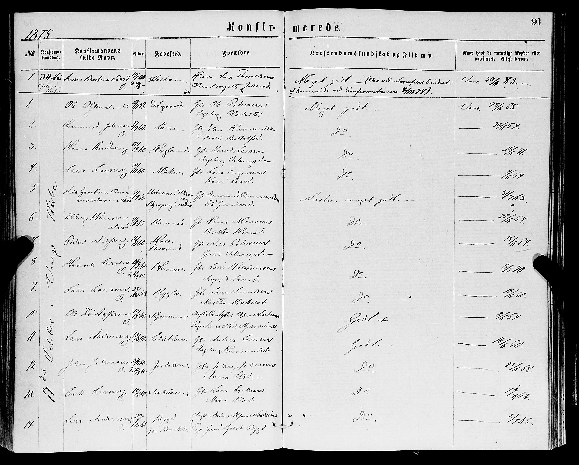 Vossestrand Sokneprestembete, SAB/A-79101/H/Haa: Parish register (official) no. A 1, 1866-1877, p. 91