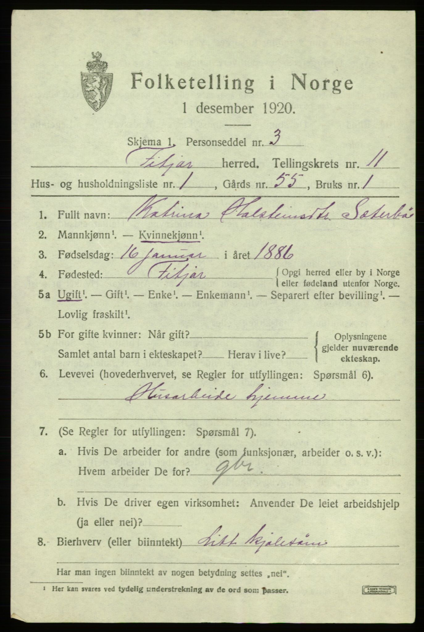 SAB, 1920 census for Fitjar, 1920, p. 4312