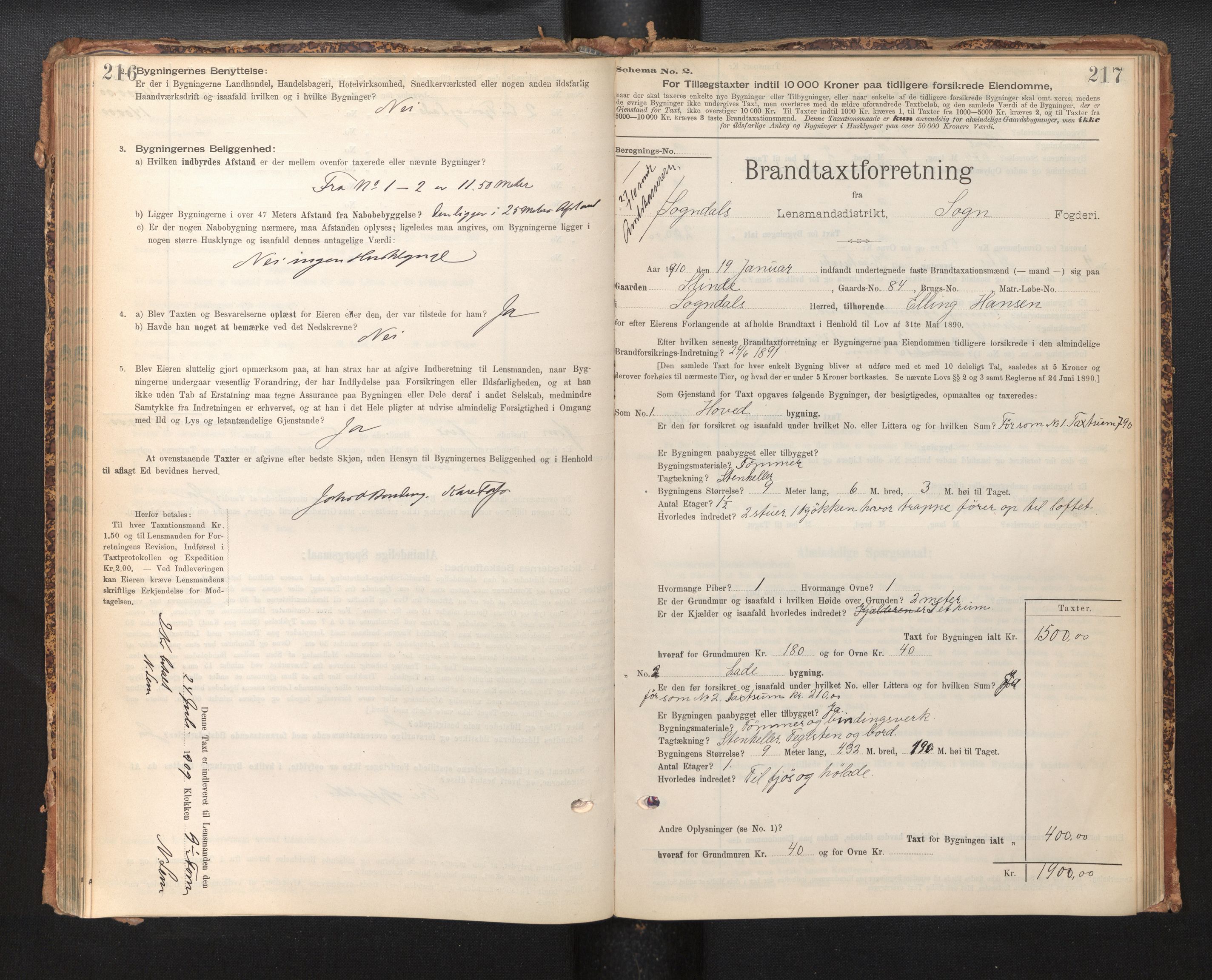 Lensmannen i Sogndal, SAB/A-29901/0012/L0009: Branntakstprotokoll, skjematakst, 1901-1914, p. 216-217