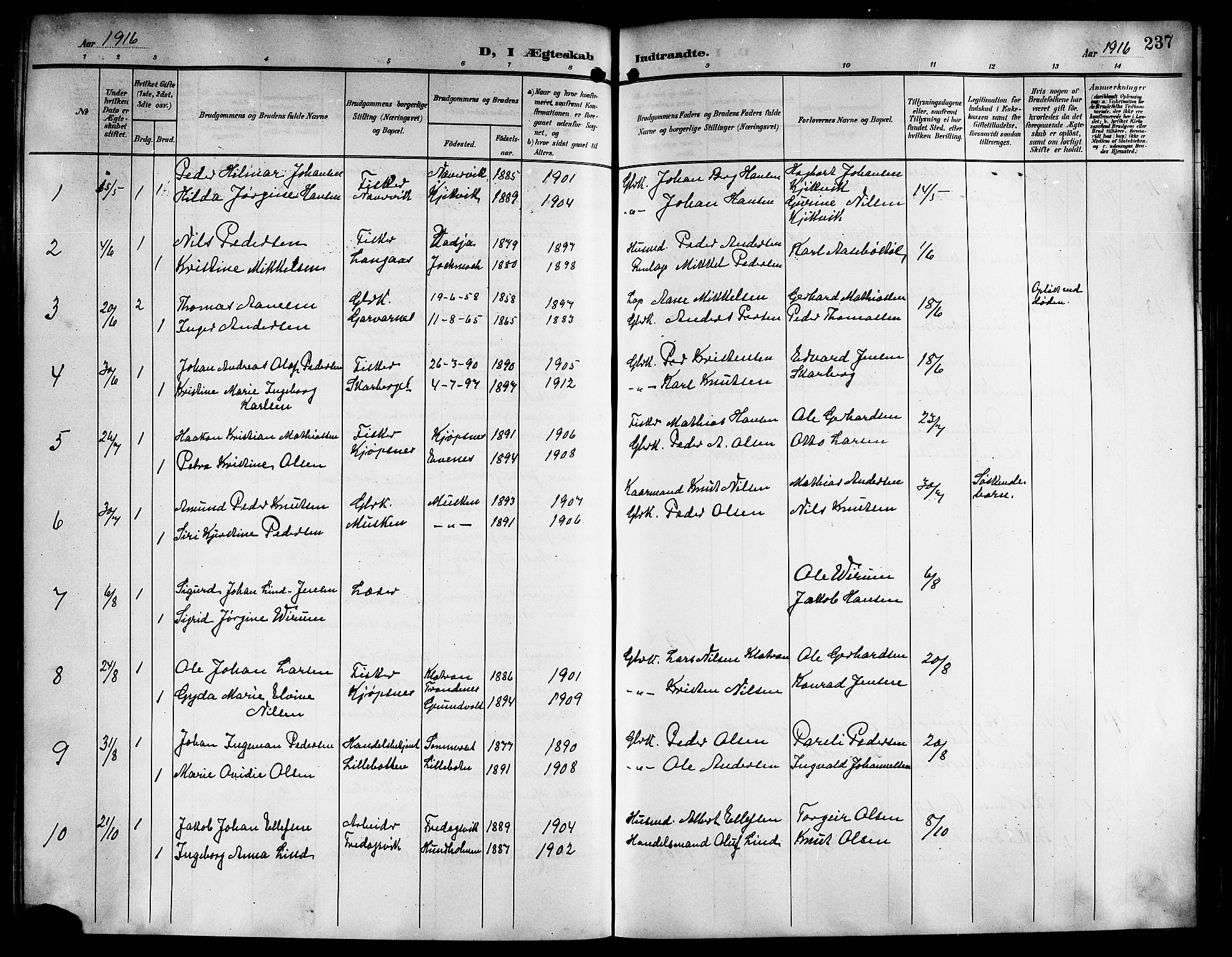 Ministerialprotokoller, klokkerbøker og fødselsregistre - Nordland, AV/SAT-A-1459/861/L0877: Parish register (copy) no. 861C03, 1903-1919, p. 237