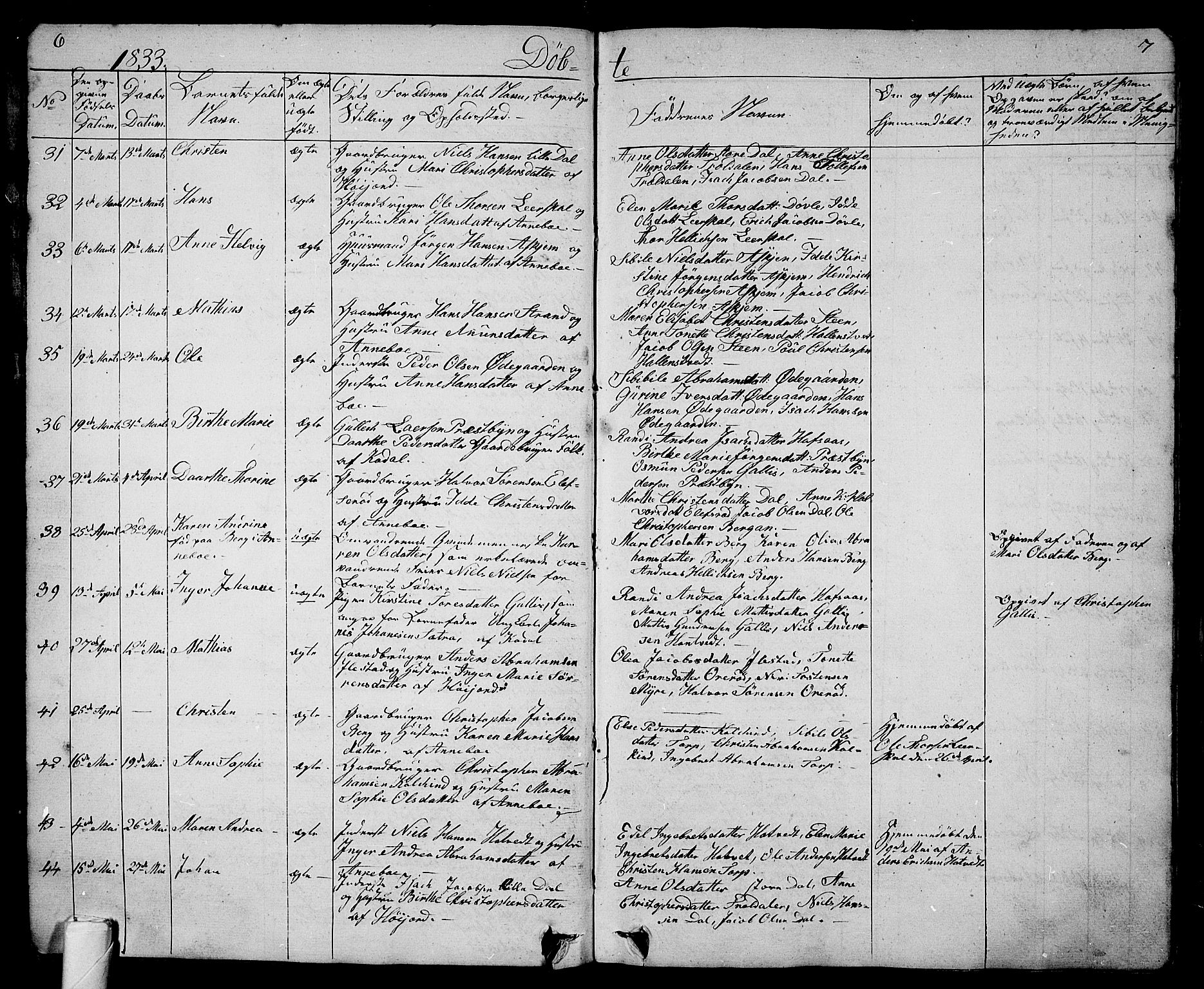 Andebu kirkebøker, AV/SAKO-A-336/G/Ga/L0003: Parish register (copy) no. I 3, 1832-1867, p. 6-7