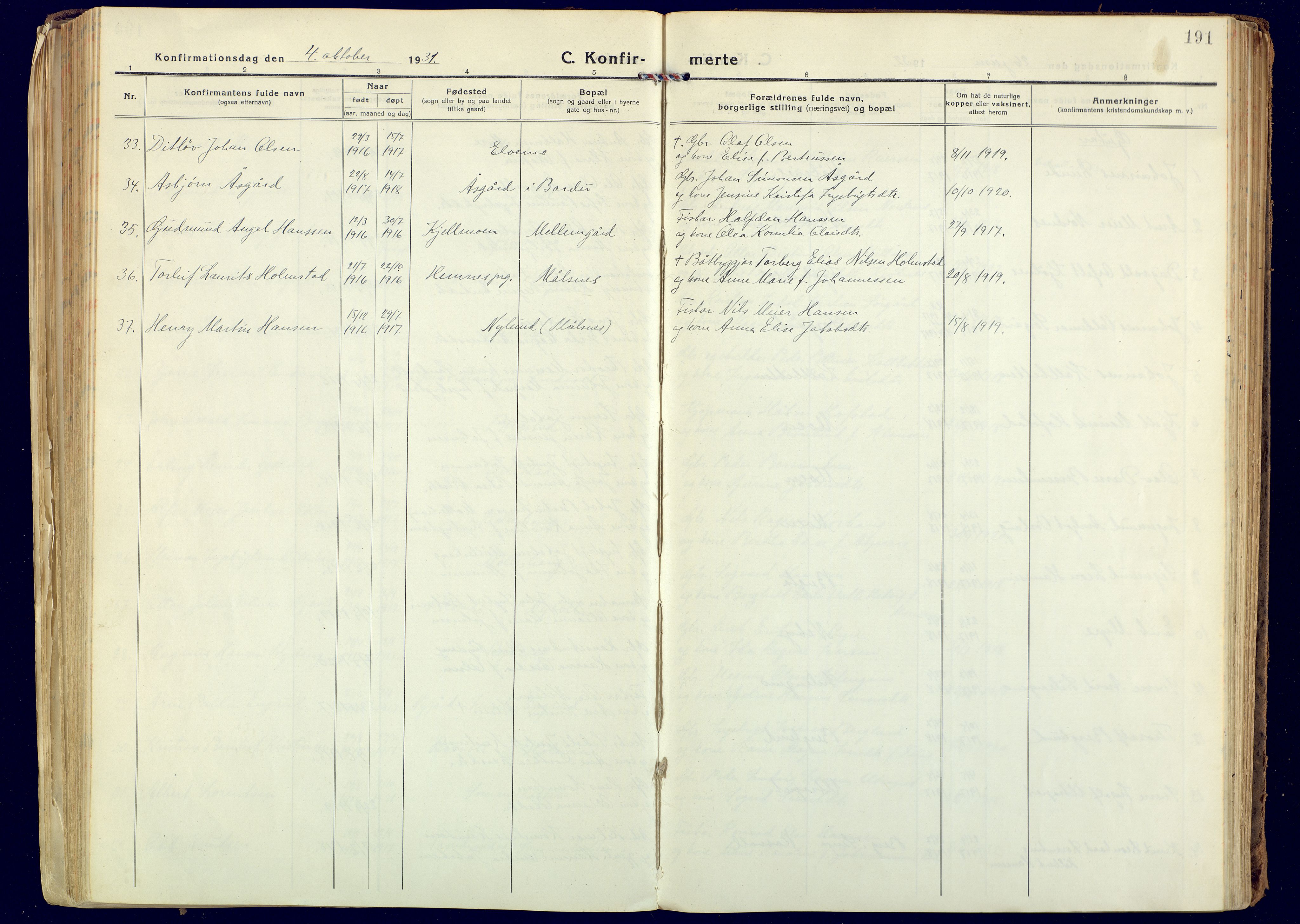 Målselv sokneprestembete, SATØ/S-1311/G/Ga/Gaa/L0014kirke: Parish register (official) no. 14, 1919-1932, p. 191