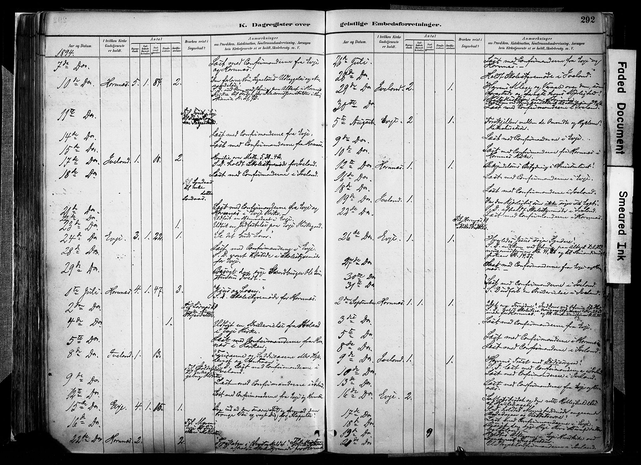 Evje sokneprestkontor, AV/SAK-1111-0008/F/Fa/Faa/L0007: Parish register (official) no. A 7, 1884-1909, p. 292