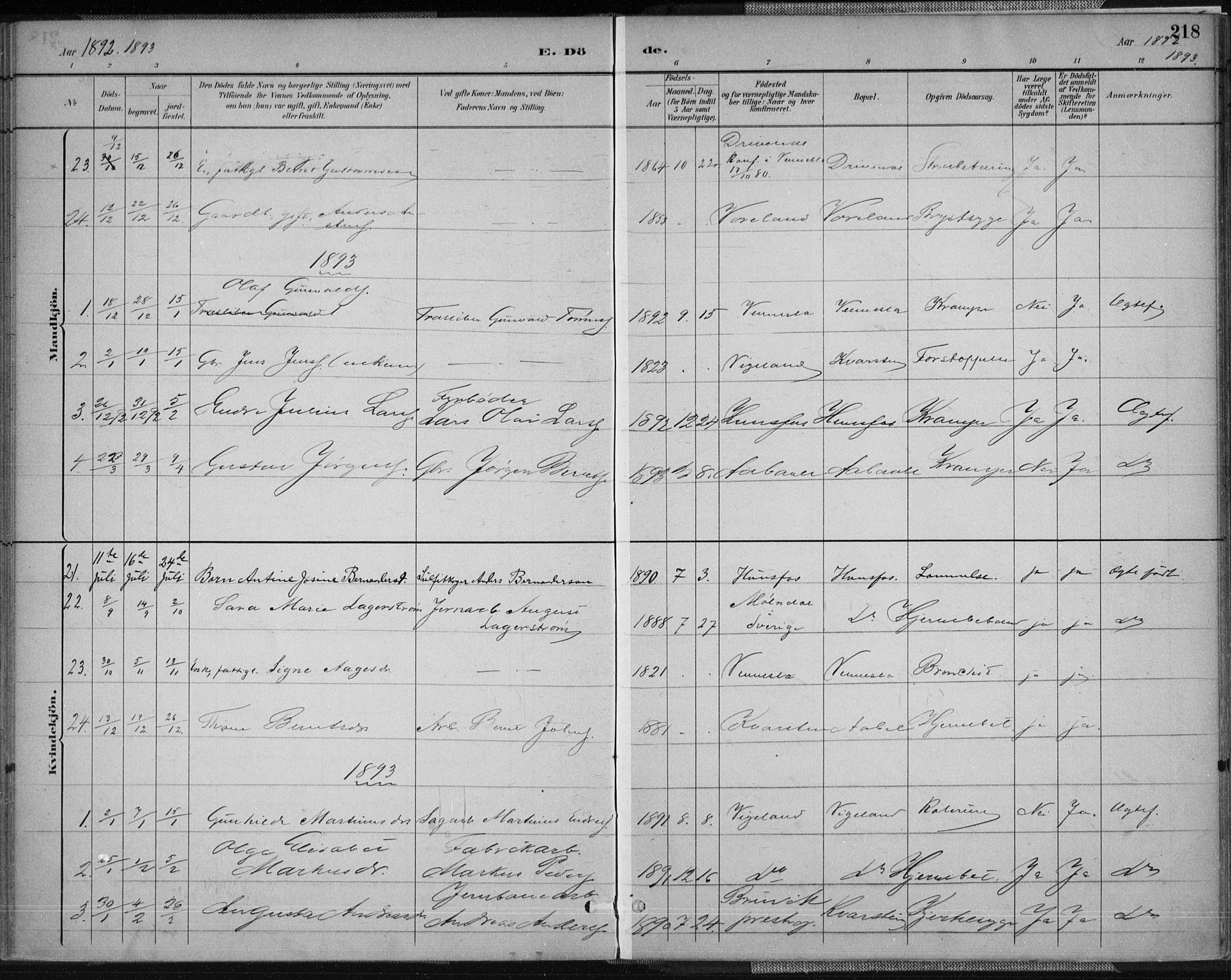 Vennesla sokneprestkontor, AV/SAK-1111-0045/Fa/Fab/L0004: Parish register (official) no. A 4, 1884-1896, p. 218