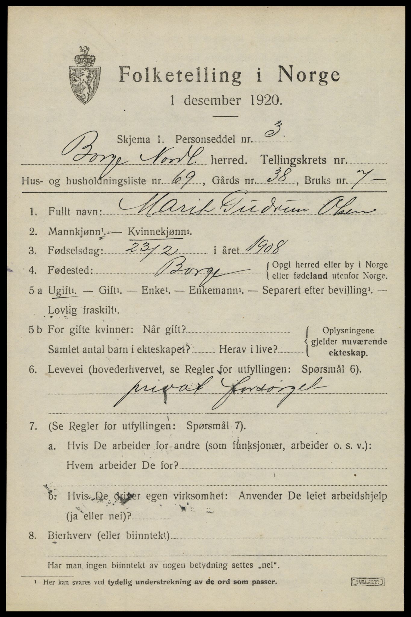 SAT, 1920 census for Borge, 1920, p. 7195