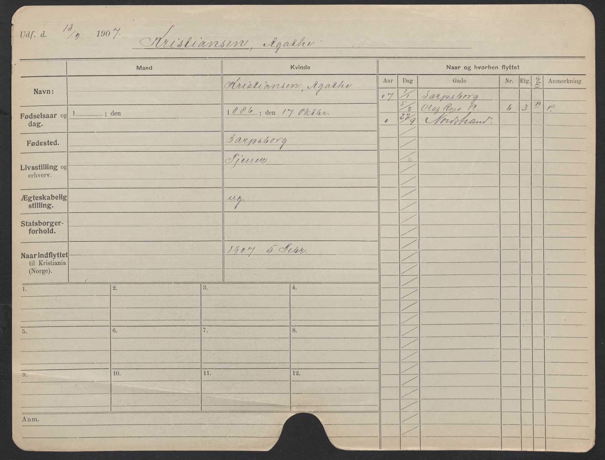 Oslo folkeregister, Registerkort, AV/SAO-A-11715/F/Fa/Fac/L0019: Kvinner, 1906-1914, p. 203a