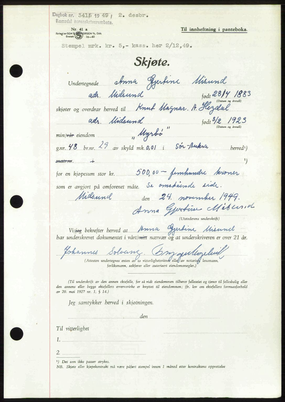 Romsdal sorenskriveri, AV/SAT-A-4149/1/2/2C: Mortgage book no. A31, 1949-1949, Diary no: : 3415/1949