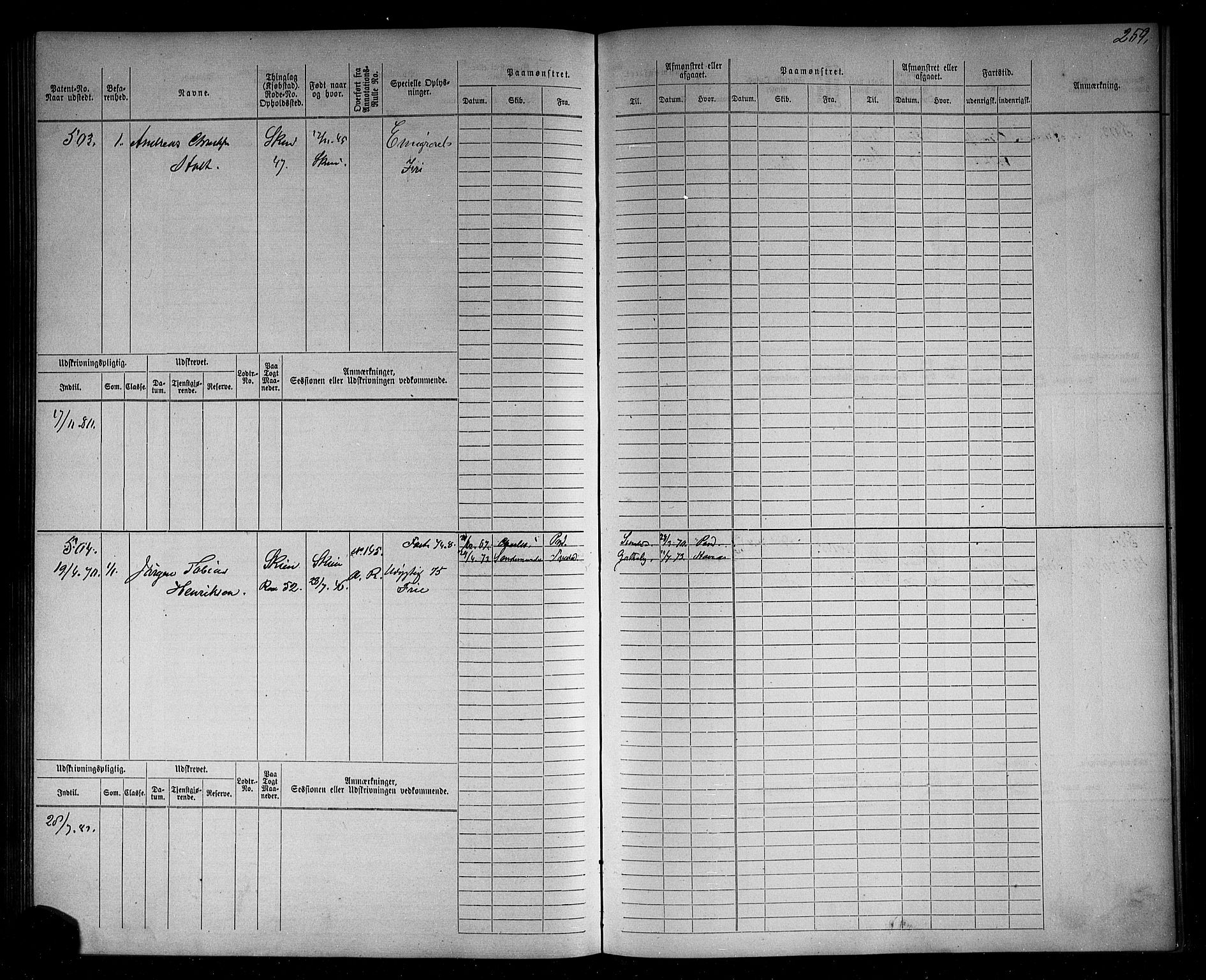 Skien innrulleringskontor, SAKO/A-832/F/Fb/L0001: Hovedrulle, 1868-1871, p. 262