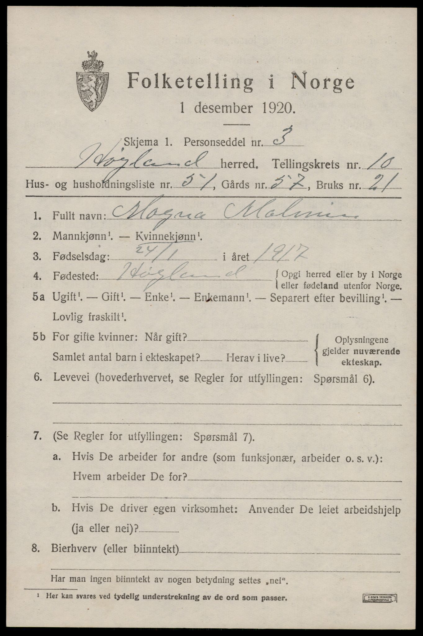 SAST, 1920 census for Høyland, 1920, p. 7828