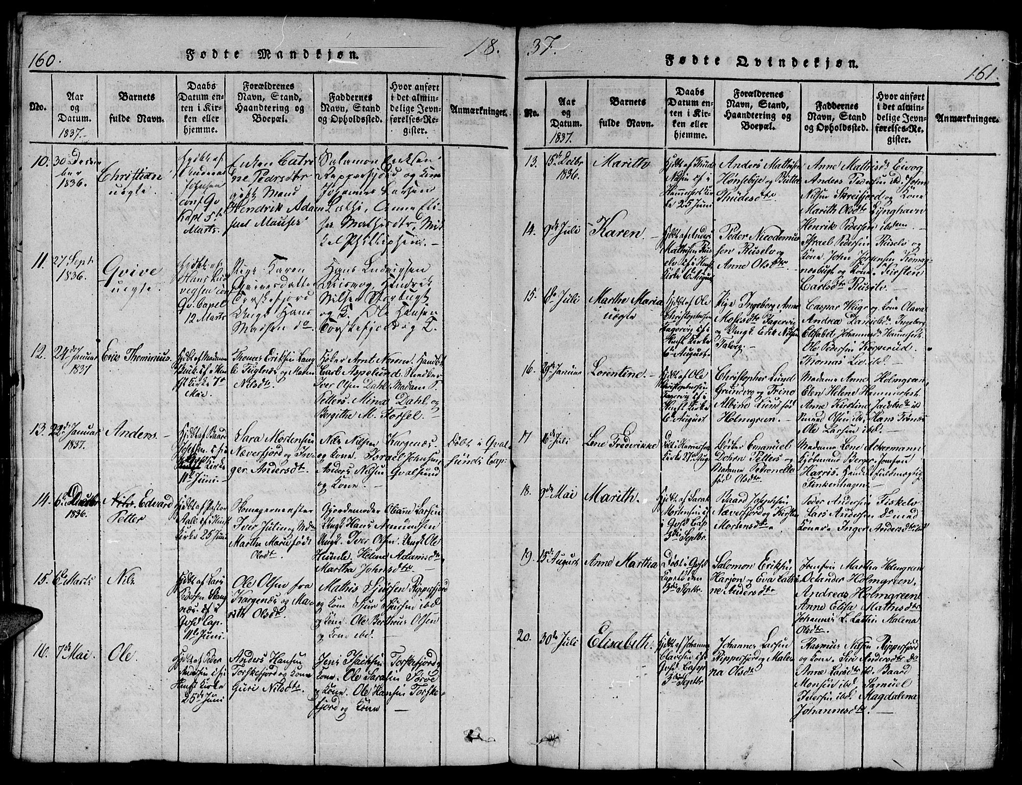 Hammerfest sokneprestkontor, AV/SATØ-S-1347/H/Hb/L0001.klokk: Parish register (copy) no. 1, 1822-1850, p. 160-161