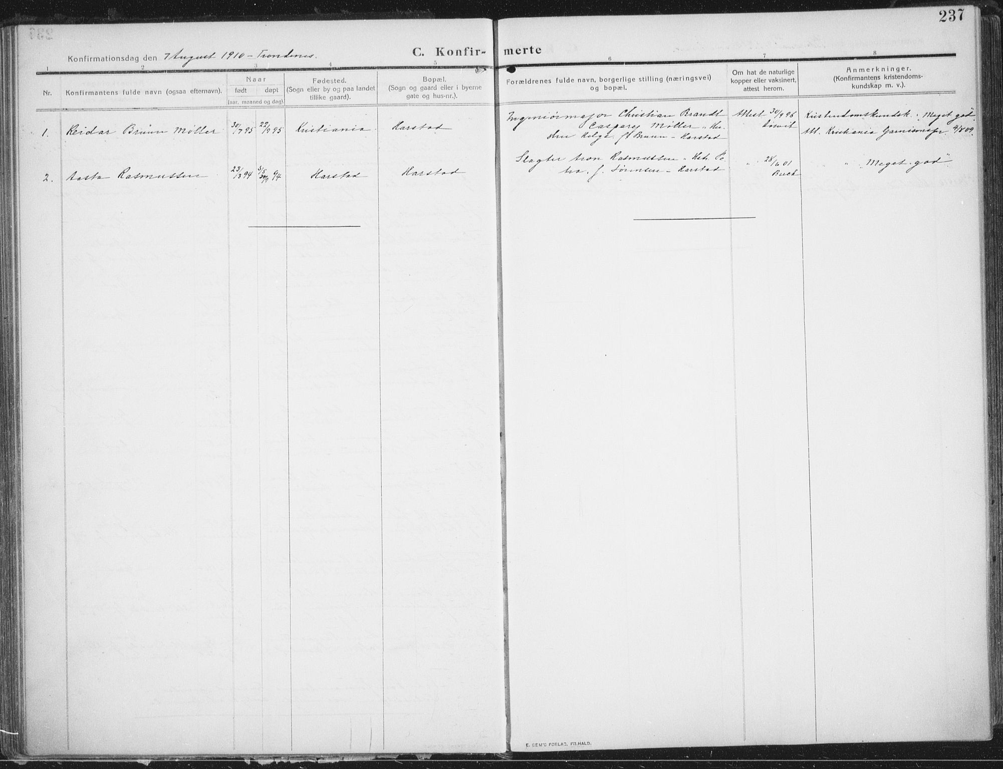 Trondenes sokneprestkontor, AV/SATØ-S-1319/H/Ha/L0018kirke: Parish register (official) no. 18, 1909-1918, p. 237