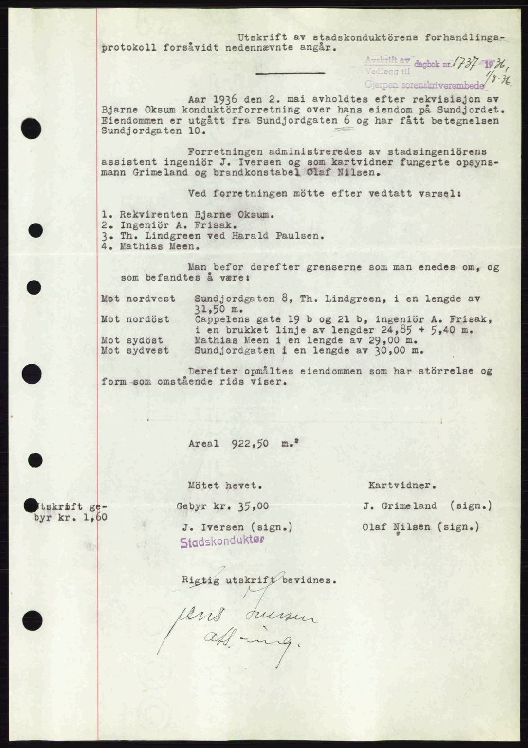 Gjerpen sorenskriveri, SAKO/A-216/G/Ga/Gae/L0067: Mortgage book no. A-66 - A-68, 1936-1937, Diary no: : 1737/1936