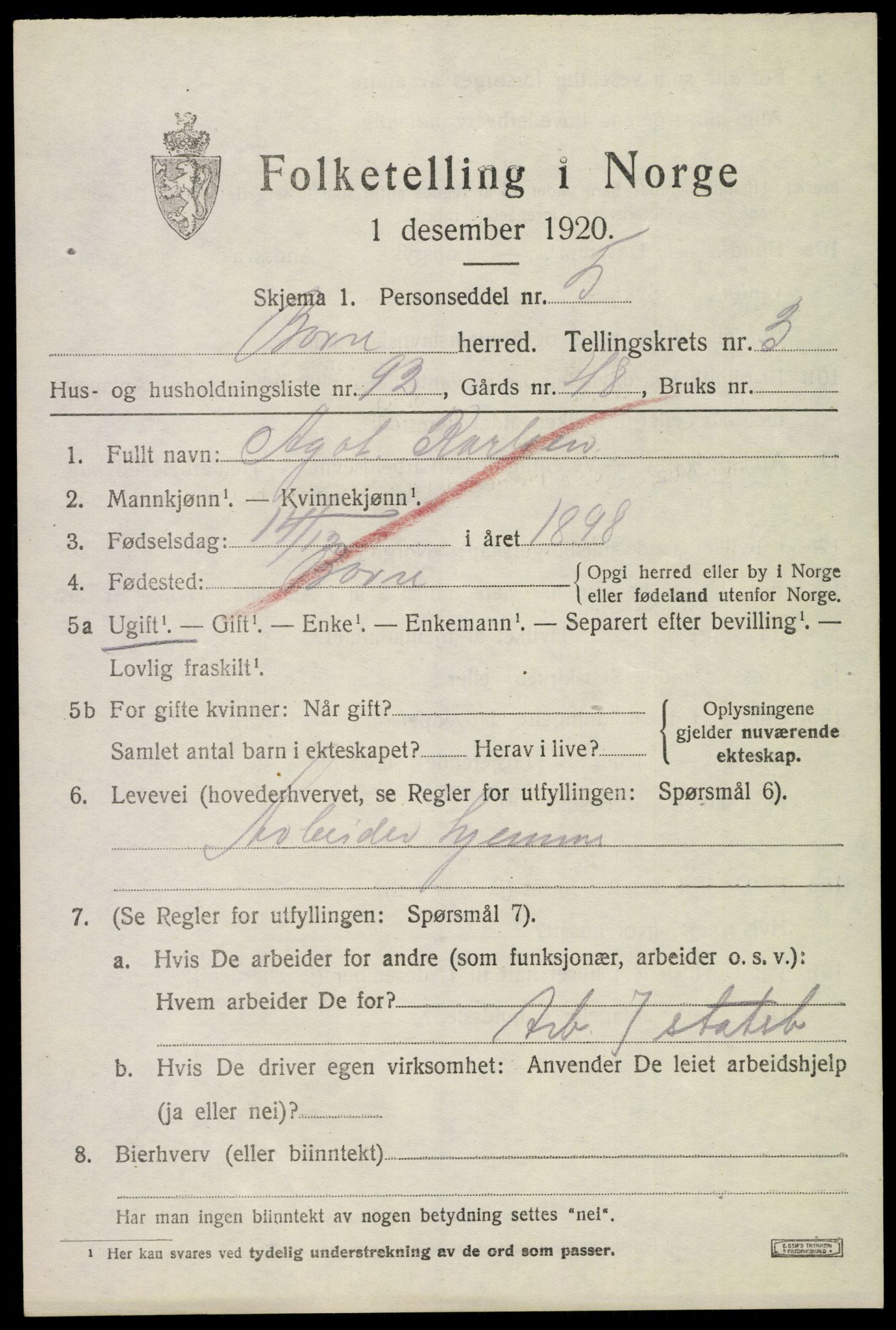 SAKO, 1920 census for Borre, 1920, p. 7120