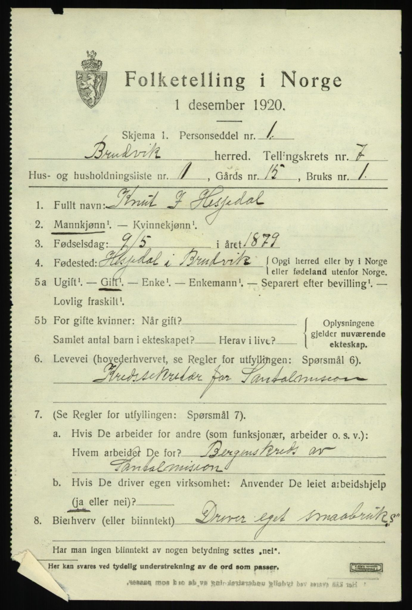 SAB, 1920 census for Bruvik, 1920, p. 4890