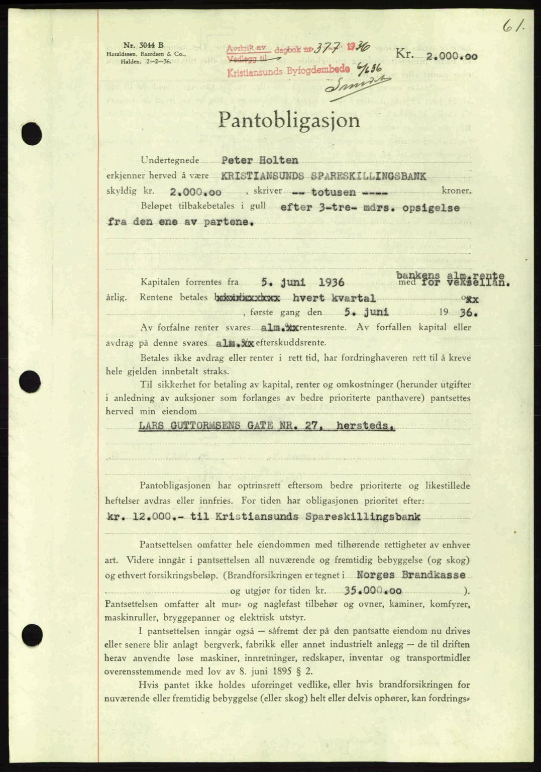 Kristiansund byfogd, AV/SAT-A-4587/A/27: Mortgage book no. 29, 1936-1937, Diary no: : 377/1936