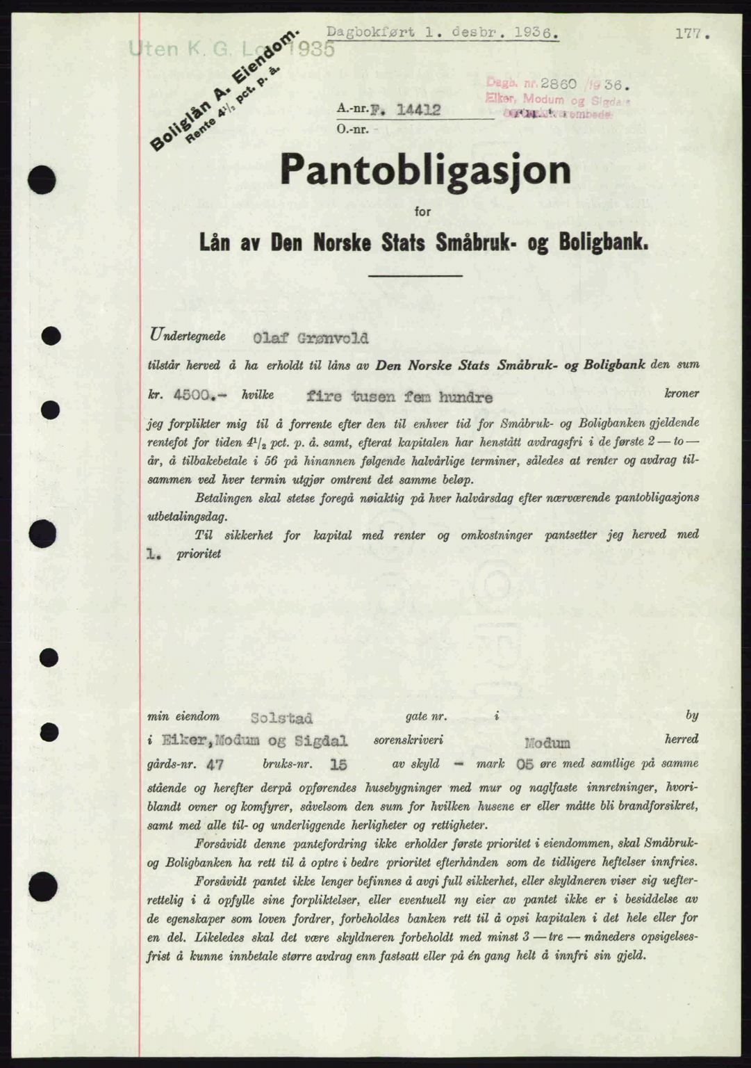 Eiker, Modum og Sigdal sorenskriveri, SAKO/A-123/G/Ga/Gab/L0034: Mortgage book no. A4, 1936-1937, Diary no: : 2860/1936