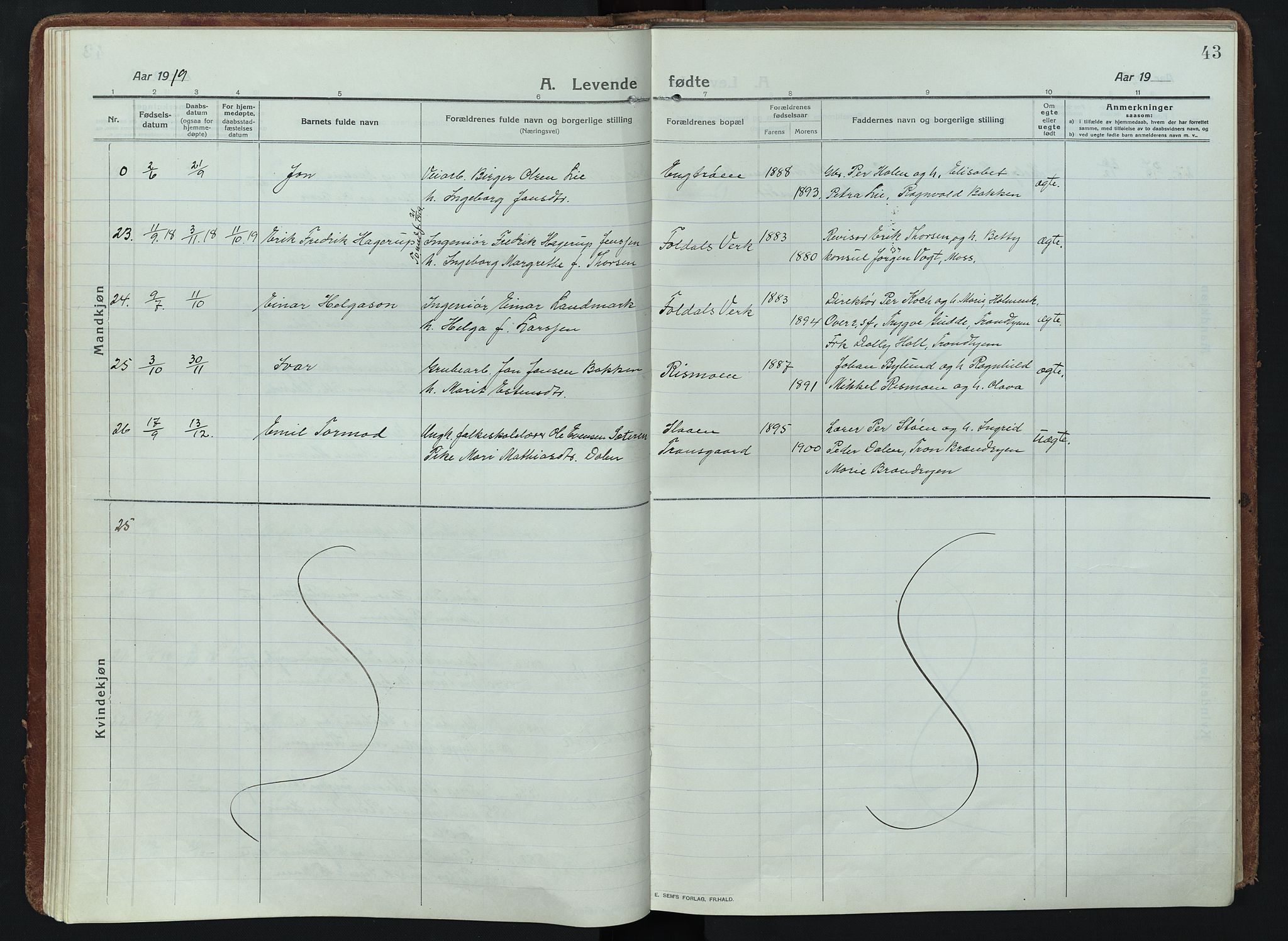 Alvdal prestekontor, AV/SAH-PREST-060/H/Ha/Haa/L0005: Parish register (official) no. 5, 1913-1930, p. 43