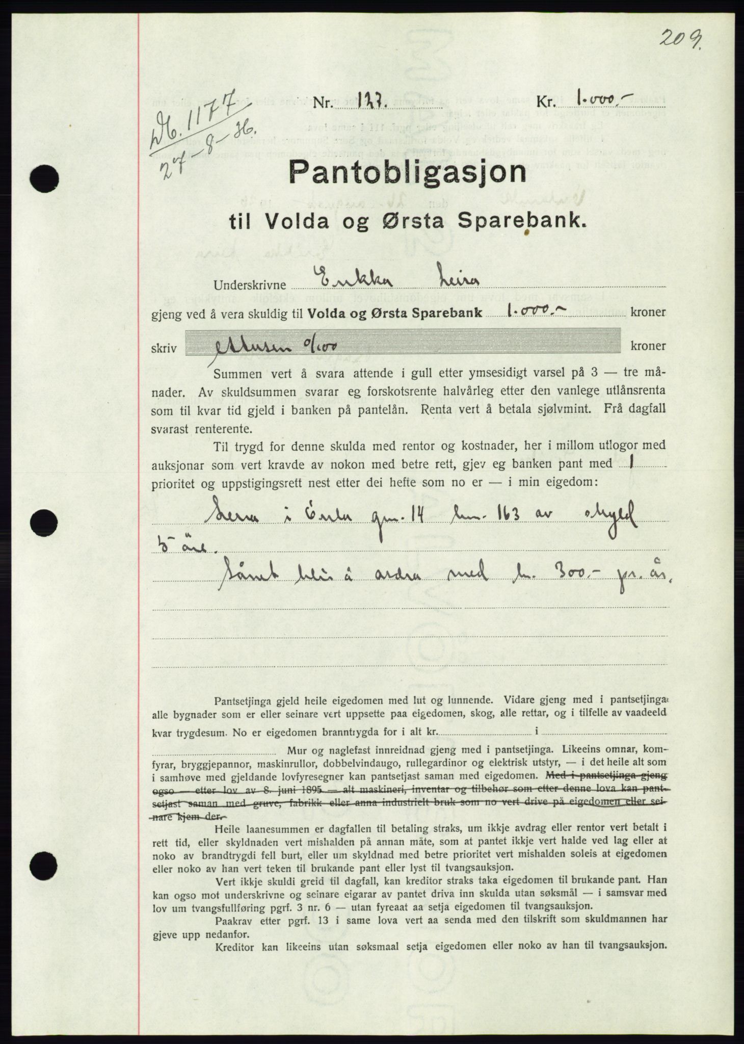 Søre Sunnmøre sorenskriveri, AV/SAT-A-4122/1/2/2C/L0061: Mortgage book no. 55, 1936-1936, Diary no: : 1177/1936