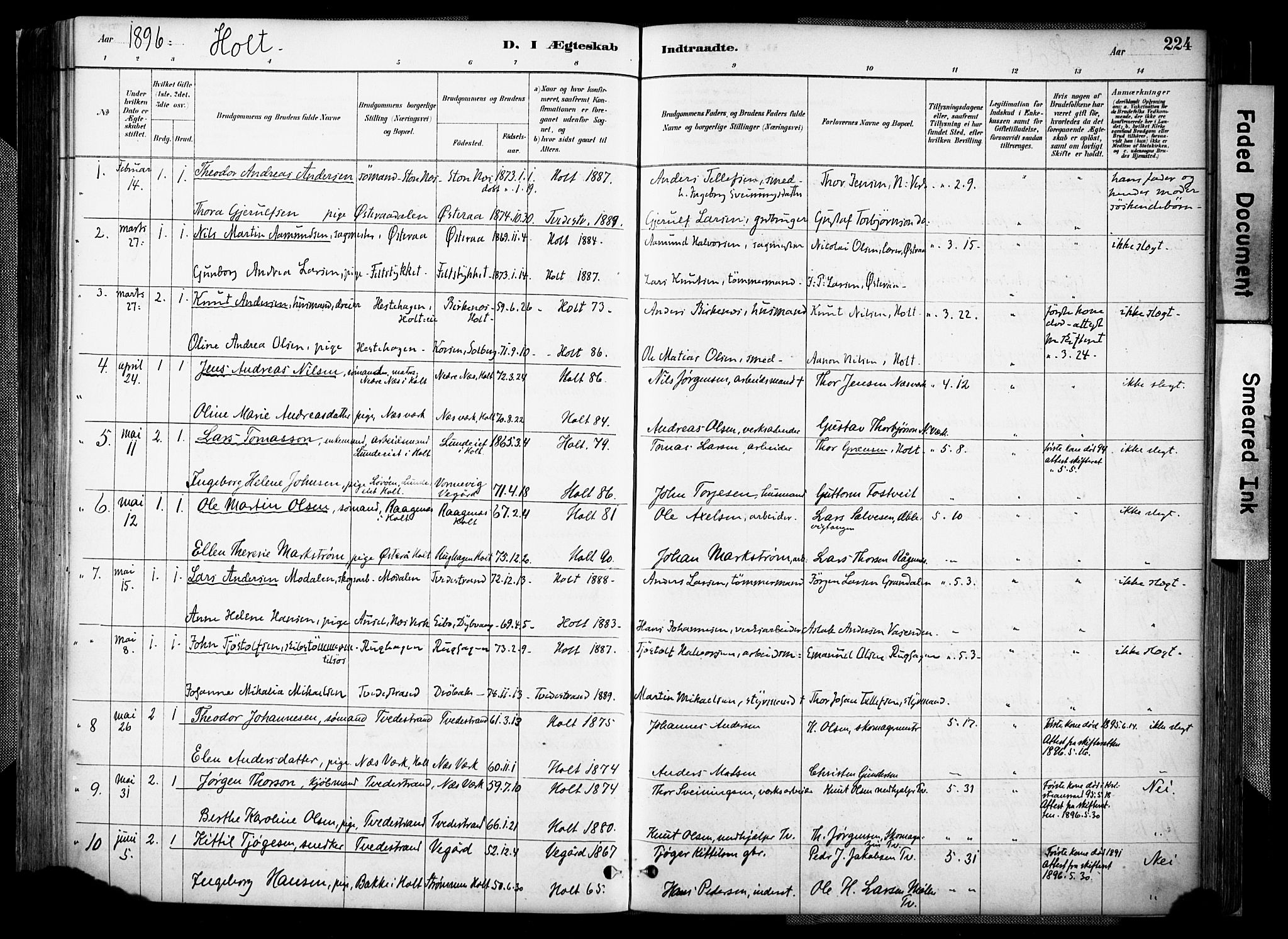 Holt sokneprestkontor, AV/SAK-1111-0021/F/Fa/L0012: Parish register (official) no. A 12, 1885-1907, p. 224