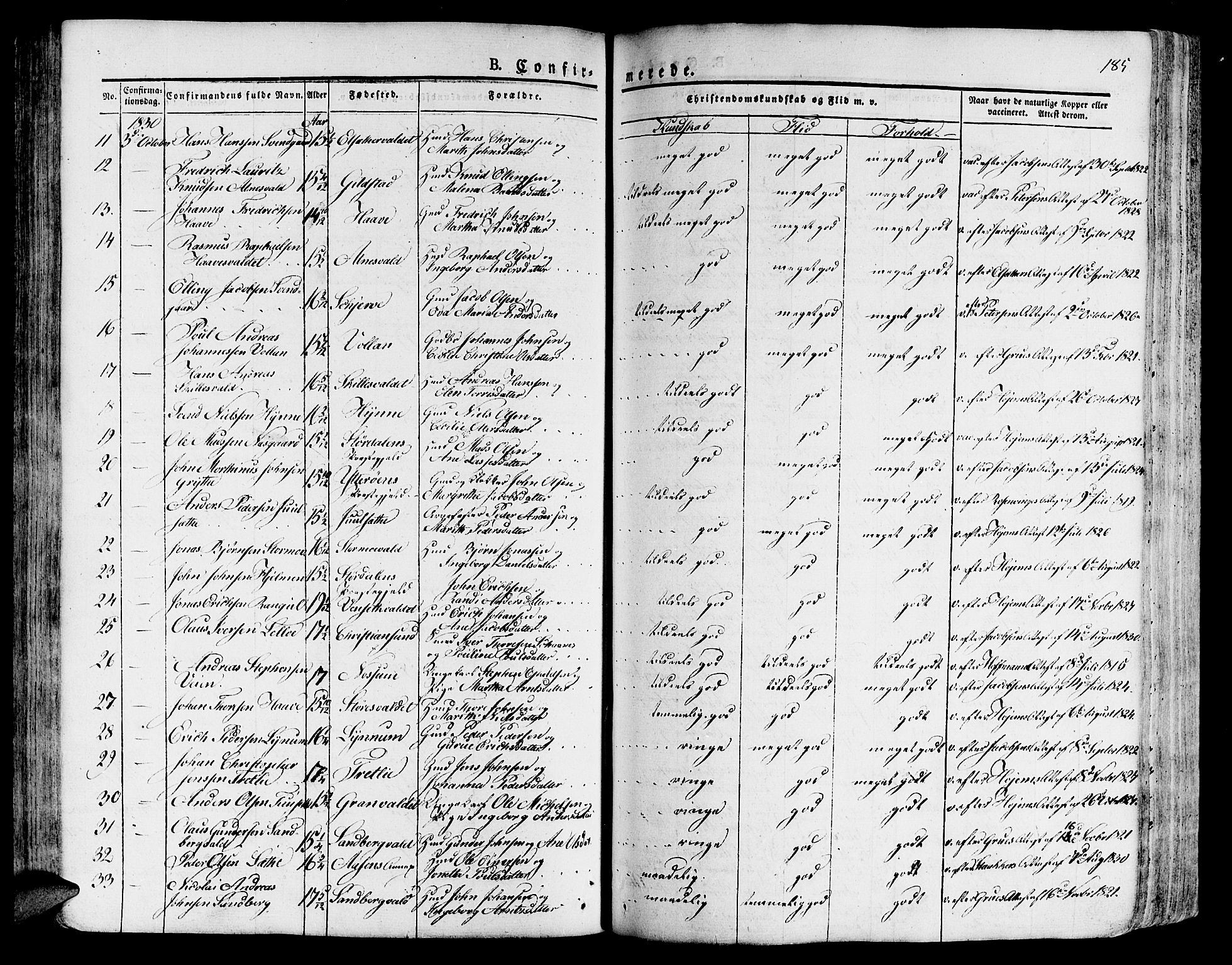 Ministerialprotokoller, klokkerbøker og fødselsregistre - Nord-Trøndelag, SAT/A-1458/717/L0152: Parish register (official) no. 717A05 /1, 1825-1836, p. 185