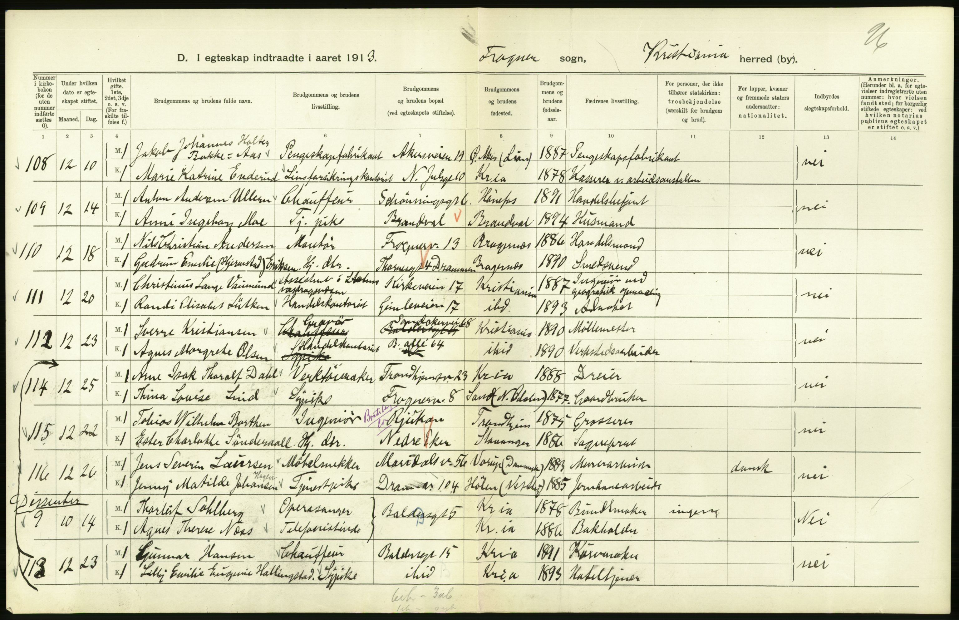 Statistisk sentralbyrå, Sosiodemografiske emner, Befolkning, AV/RA-S-2228/D/Df/Dfb/Dfbc/L0008: Kristiania: Gifte., 1913, p. 544