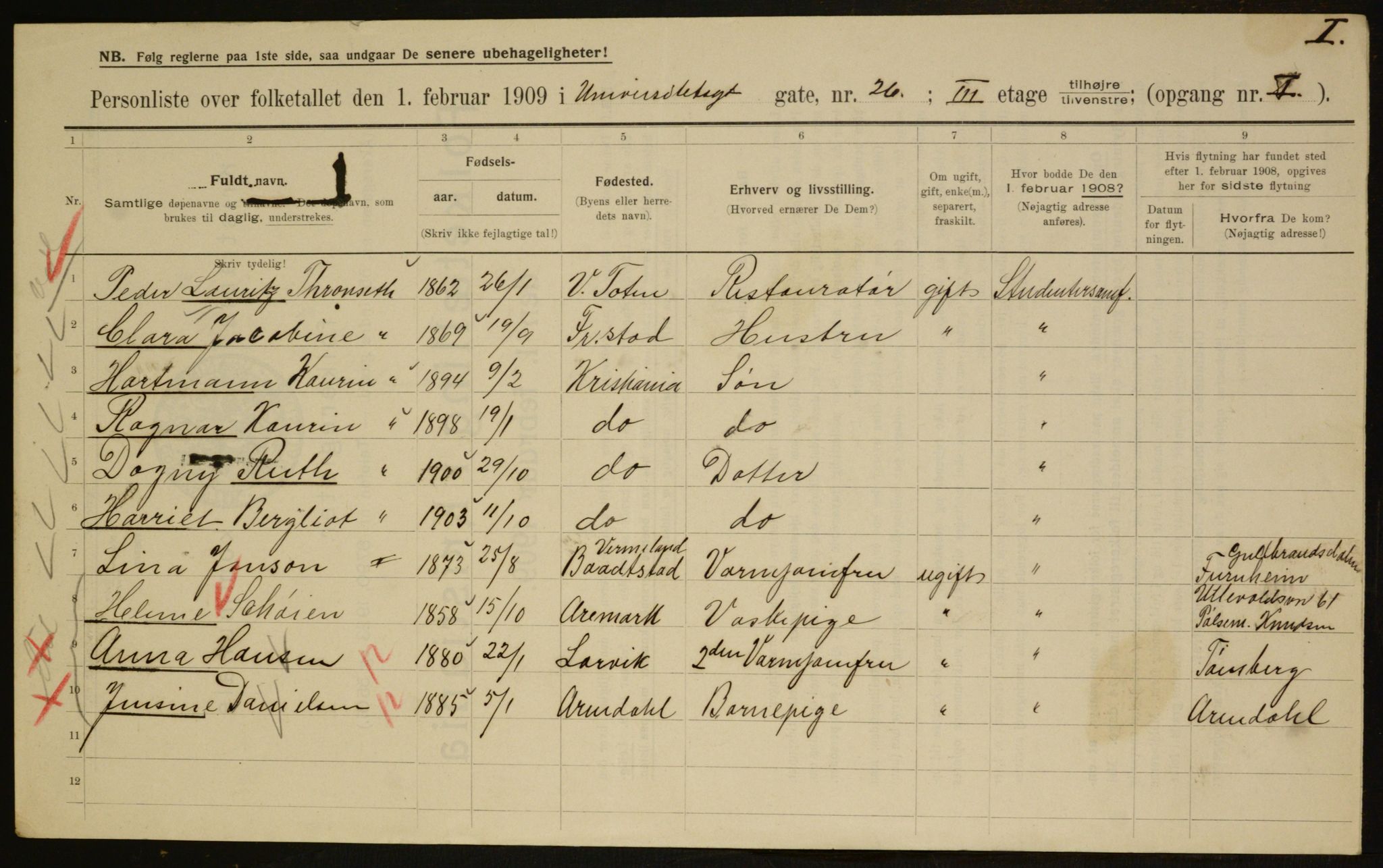 OBA, Municipal Census 1909 for Kristiania, 1909, p. 109025