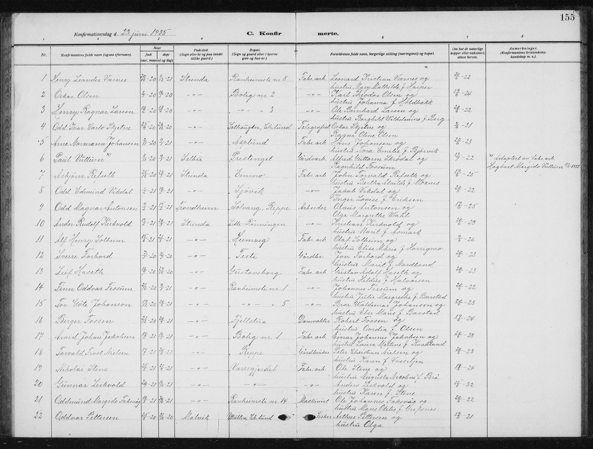 Ministerialprotokoller, klokkerbøker og fødselsregistre - Sør-Trøndelag, SAT/A-1456/615/L0401: Parish register (copy) no. 615C02, 1922-1941, p. 155