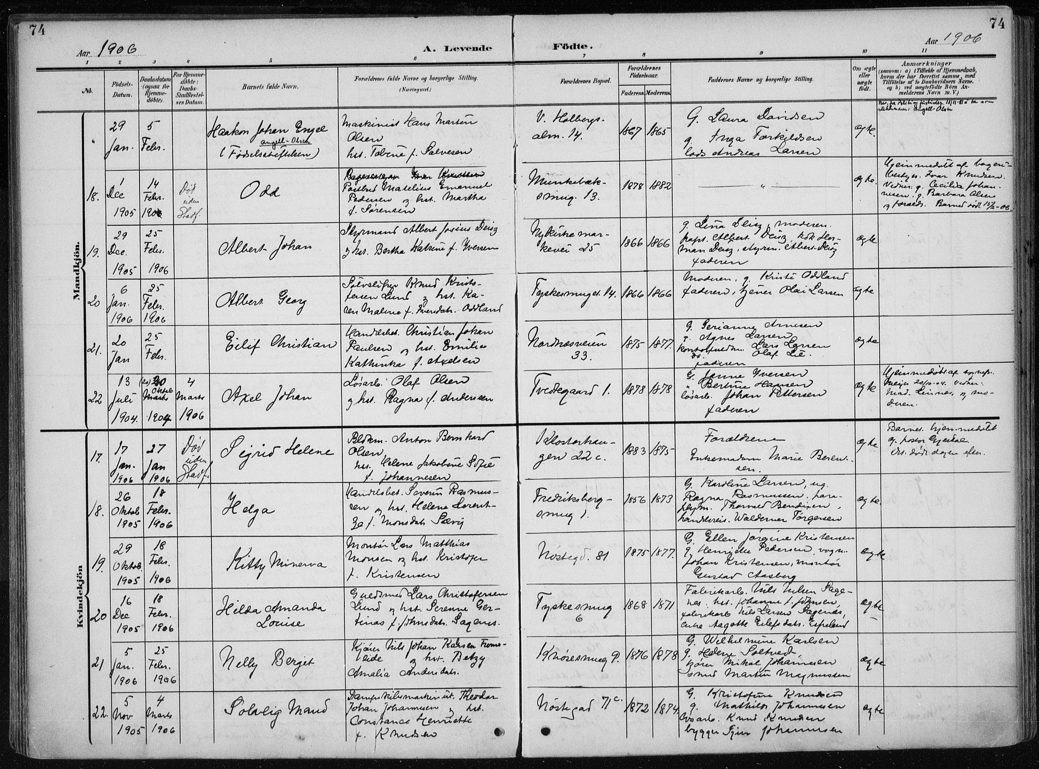 Nykirken Sokneprestembete, AV/SAB-A-77101/H/Haa/L0019: Parish register (official) no. B 7, 1904-1916, p. 74