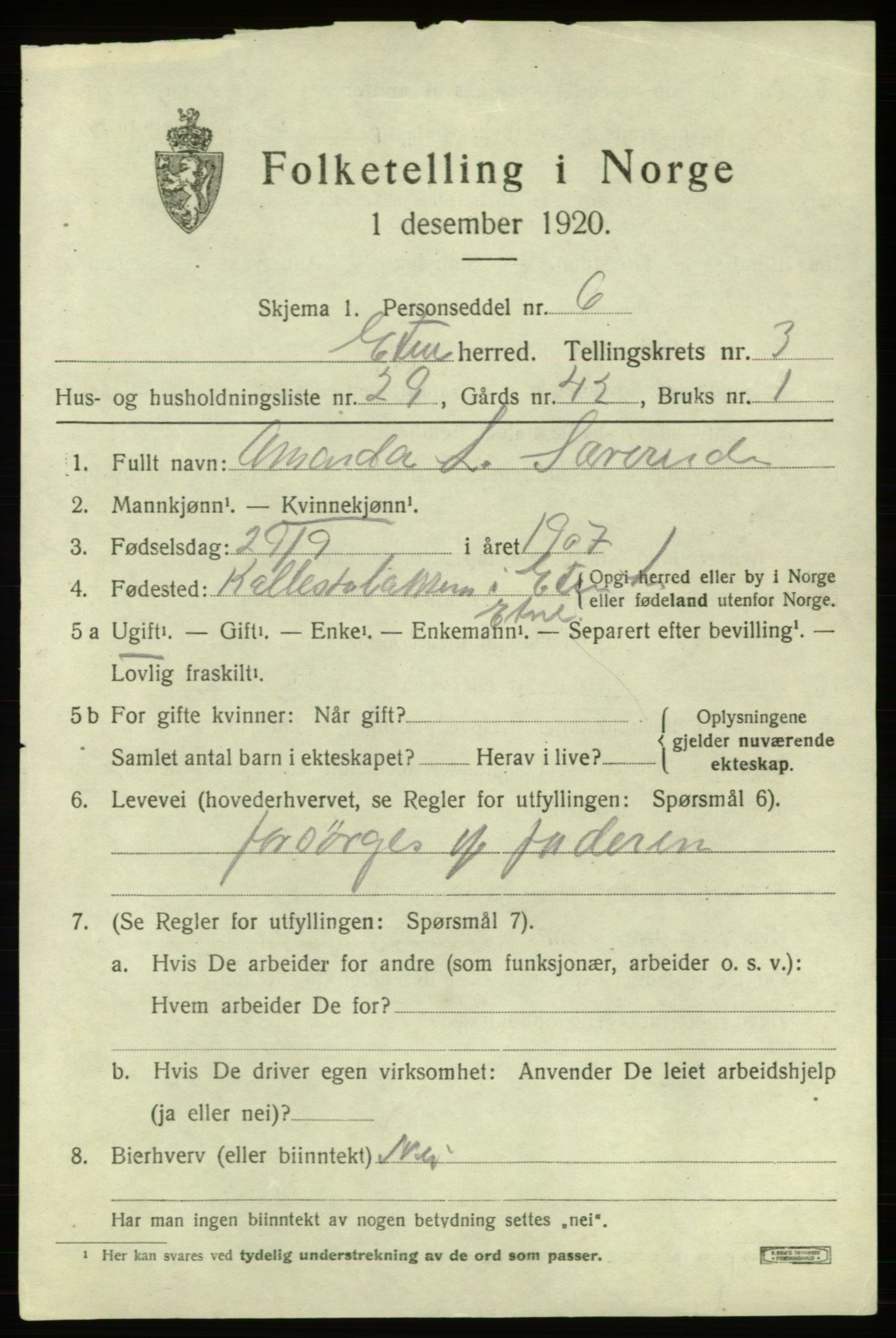 SAB, 1920 census for Etne, 1920, p. 1995