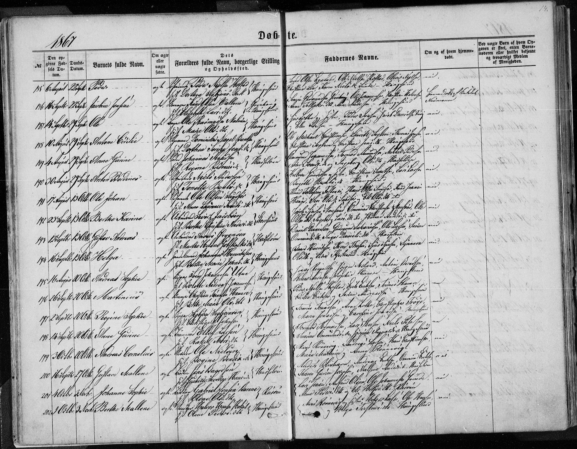 Torvastad sokneprestkontor, AV/SAST-A -101857/H/Ha/Haa/L0012: Parish register (official) no. A 12.1, 1867-1877, p. 14