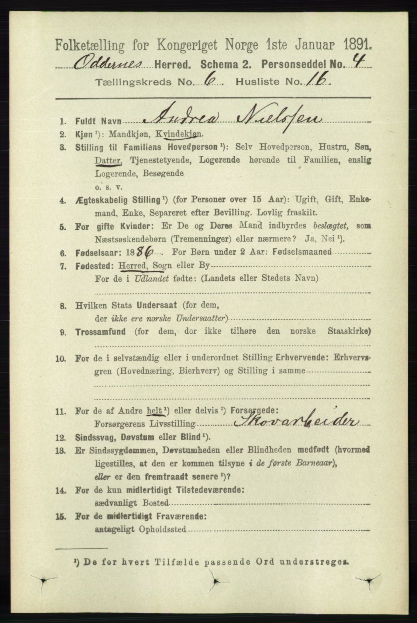 RA, 1891 census for 1012 Oddernes, 1891, p. 2286