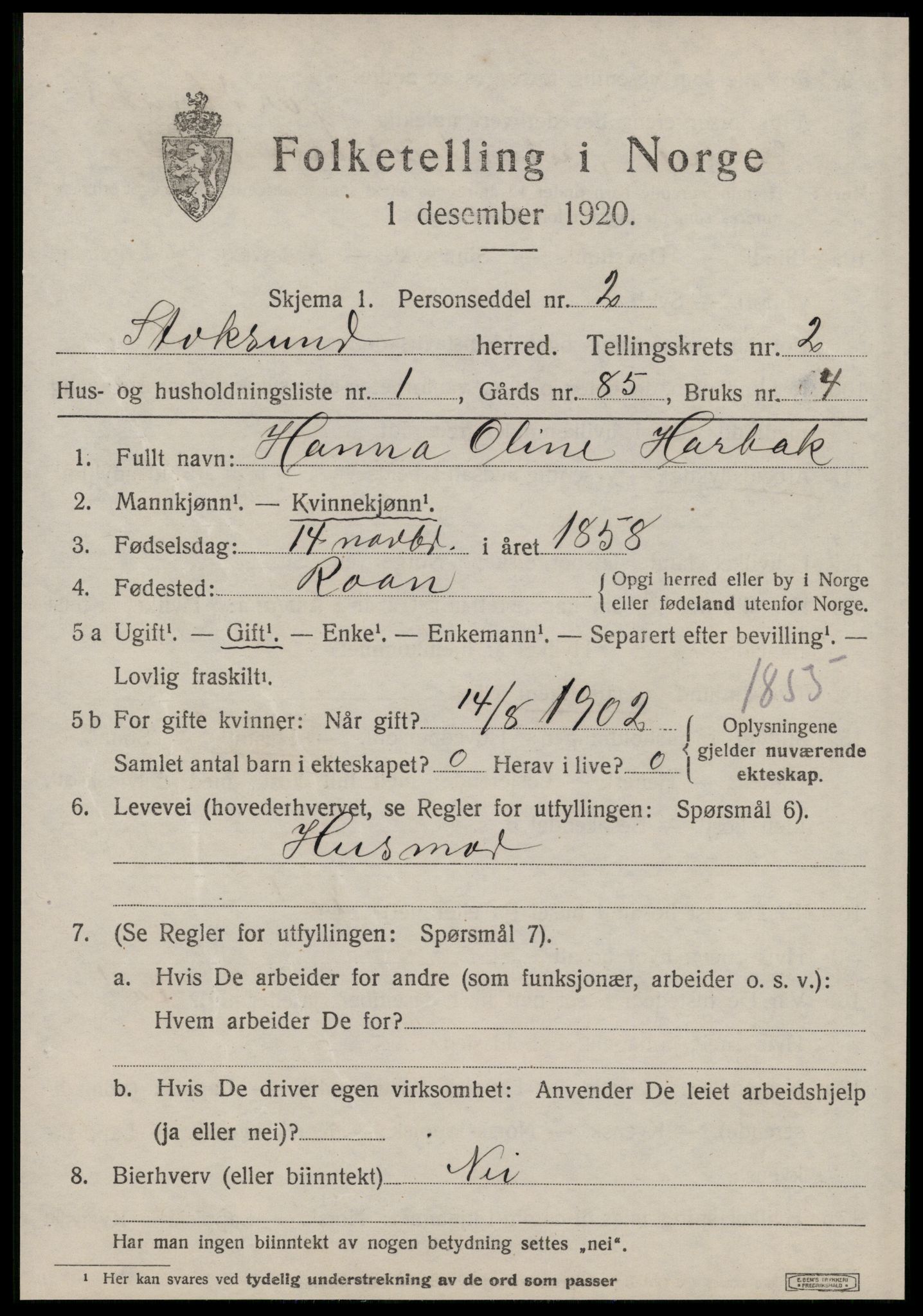 SAT, 1920 census for Stoksund, 1920, p. 1140