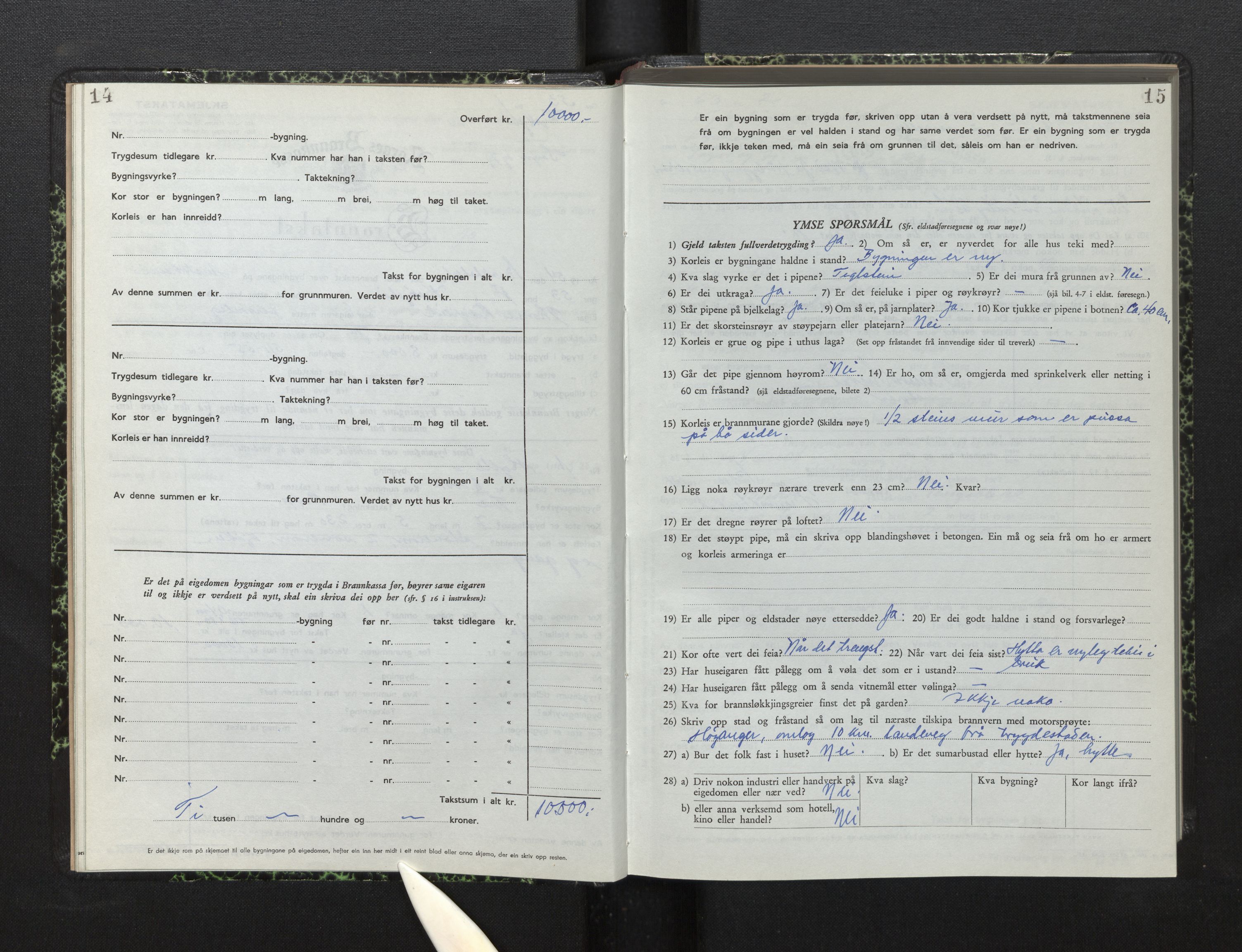 Lensmannen i Kyrkjebø, AV/SAB-A-29001/0012/L0008: Branntakstprotokoll, skjematakst, 1954-1960, p. 14-15