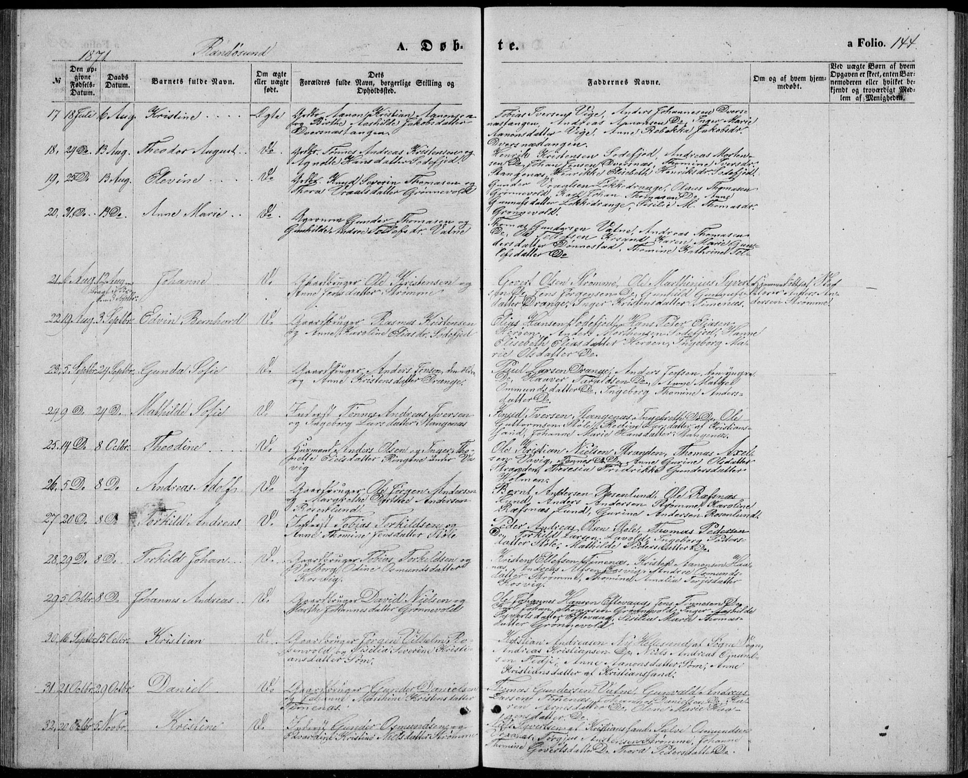 Oddernes sokneprestkontor, AV/SAK-1111-0033/F/Fb/Fba/L0007: Parish register (copy) no. B 7, 1869-1887, p. 144